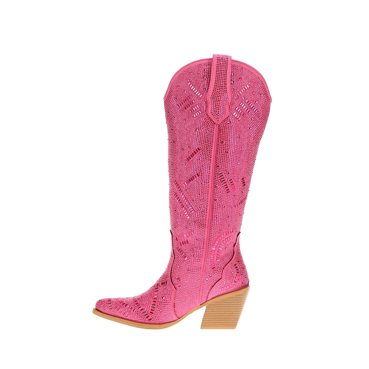Pink Faux Suede Pointed-Toe Full Crystals Wide Calf Knee High Cowgirl Boots