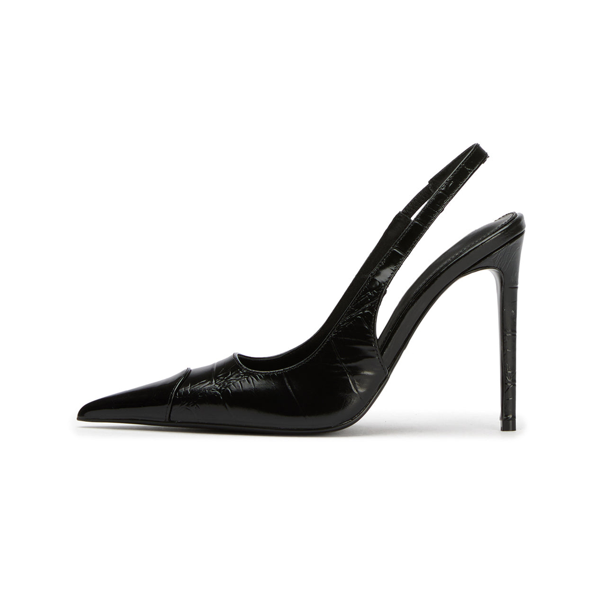 Patent Black And Stone Pattern Vegan Leather Pointed-Toe Slingback High Heels