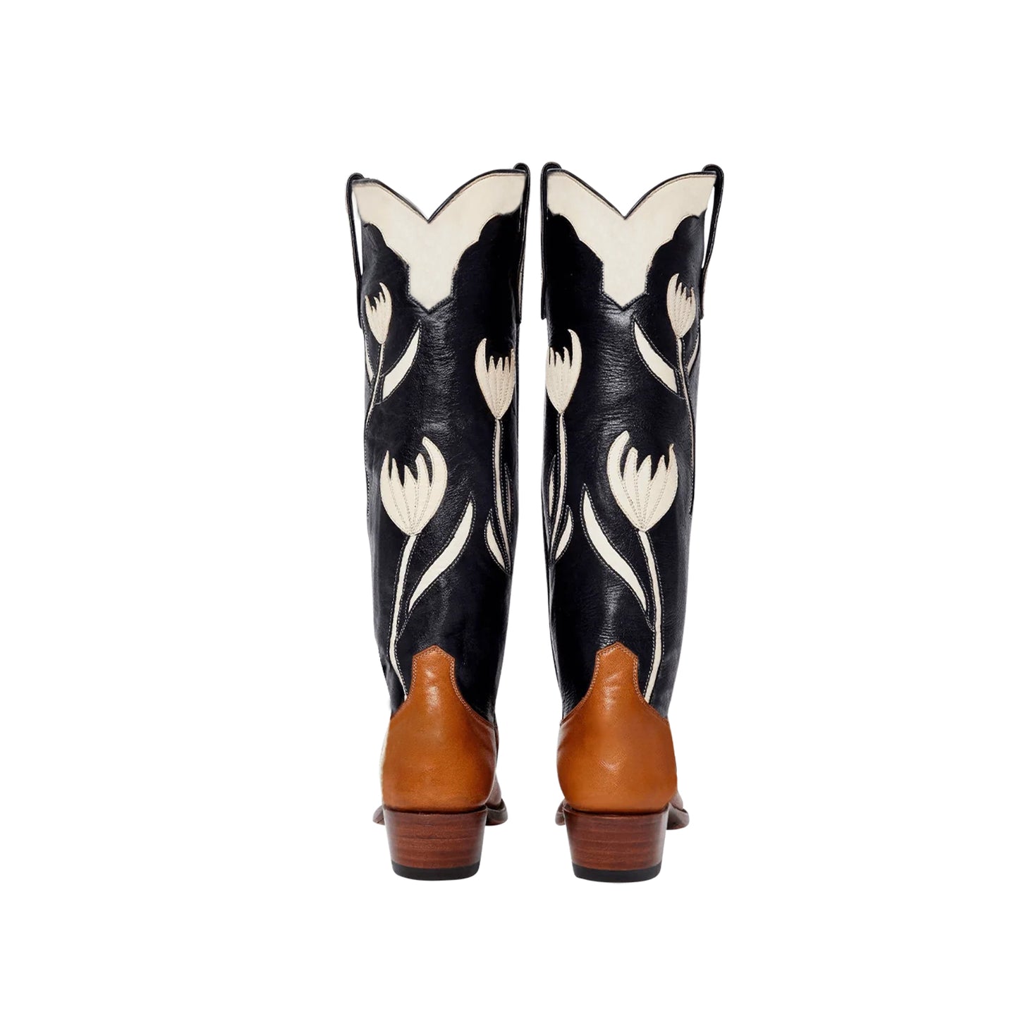 Contrast Black And Brown Snip-Toe Tulip Inlay Wide Calf Knee High Cowgirl Boots