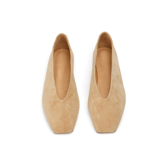 Beige Faux Suede Chic Square-Toe Slip-On Flats