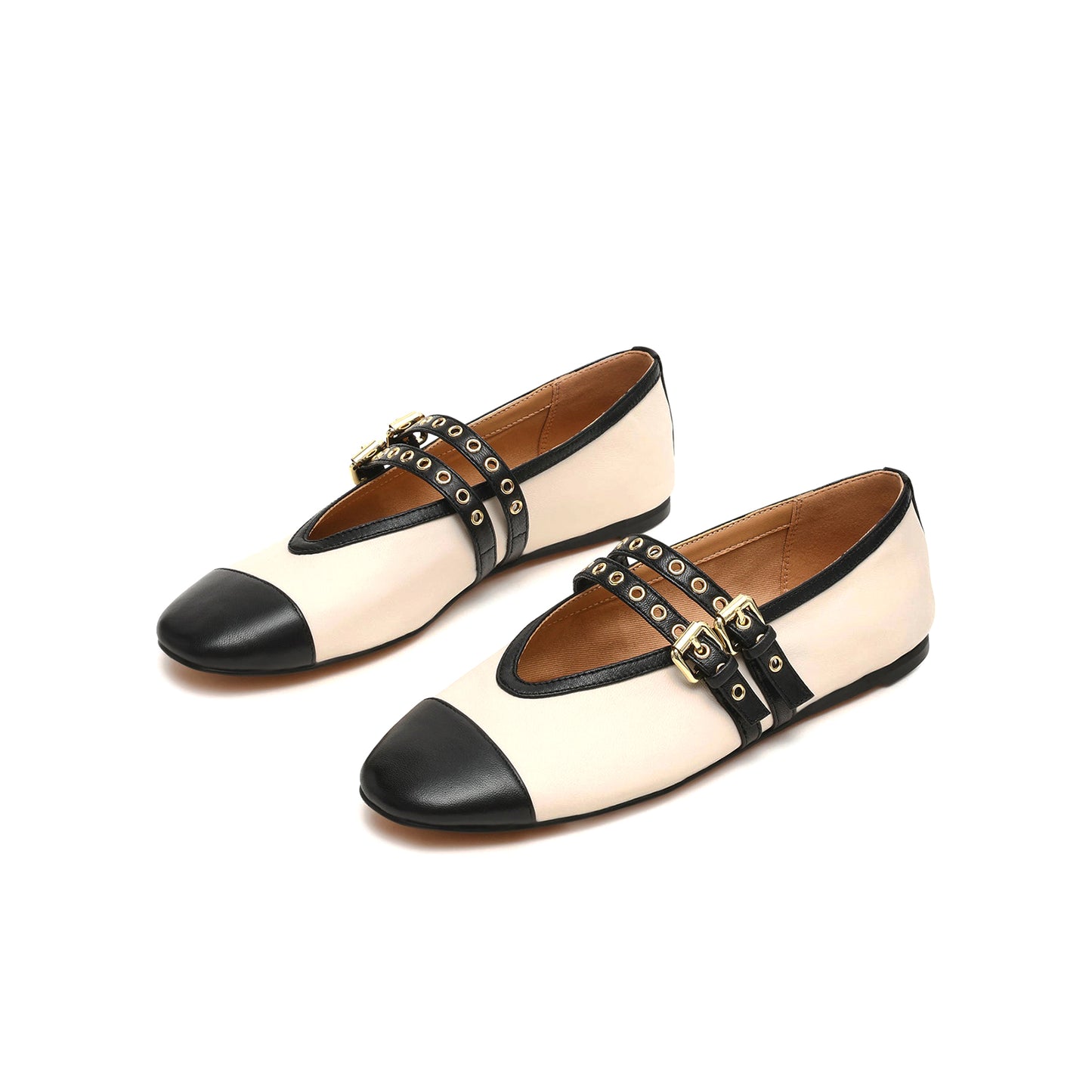 Bone Square-Toe Double Bridge Straps With Eyelets Classic Ballet Flats