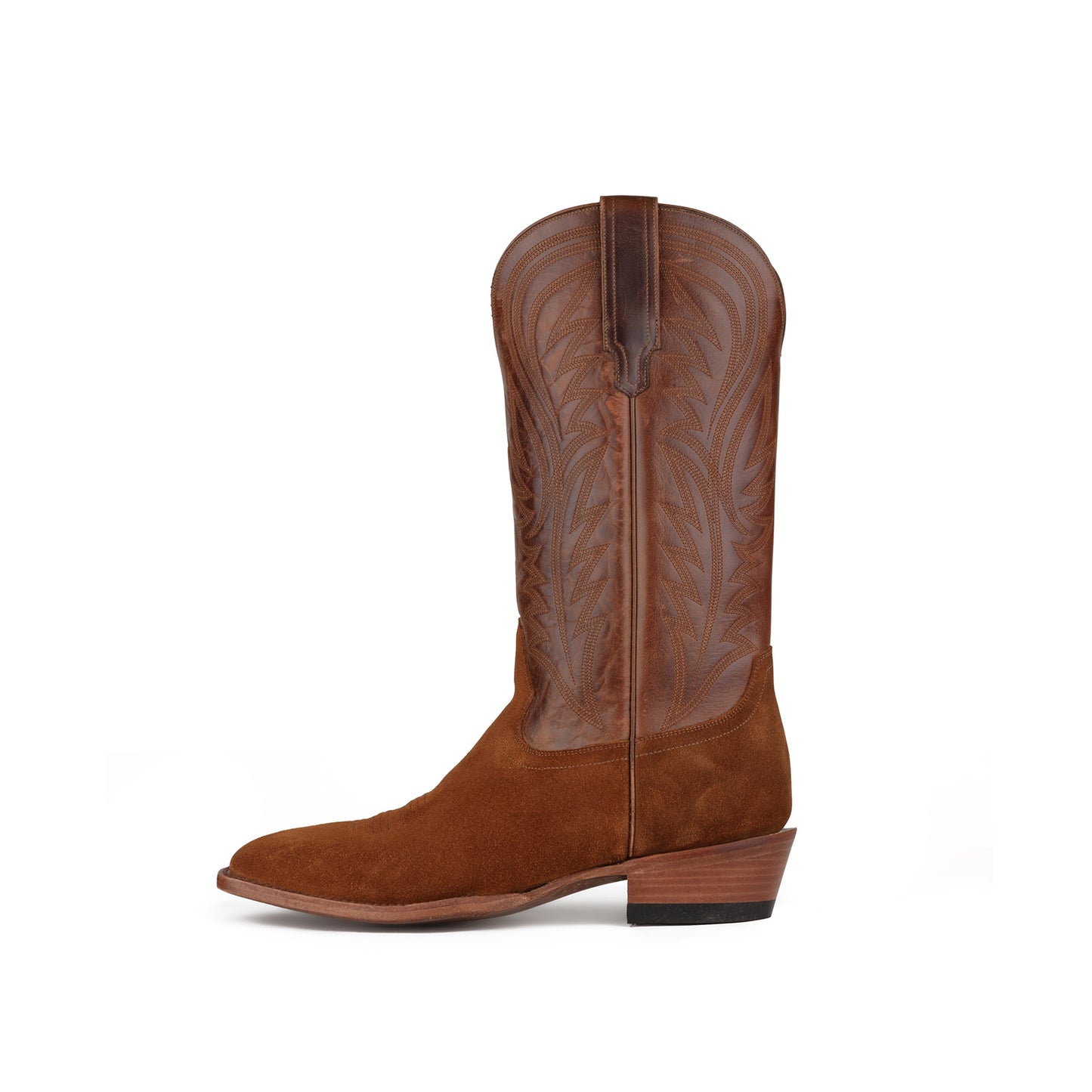 Contrast Brown And Caramel Square-Toe Embroidery Mid Calf Cowgirl Boots