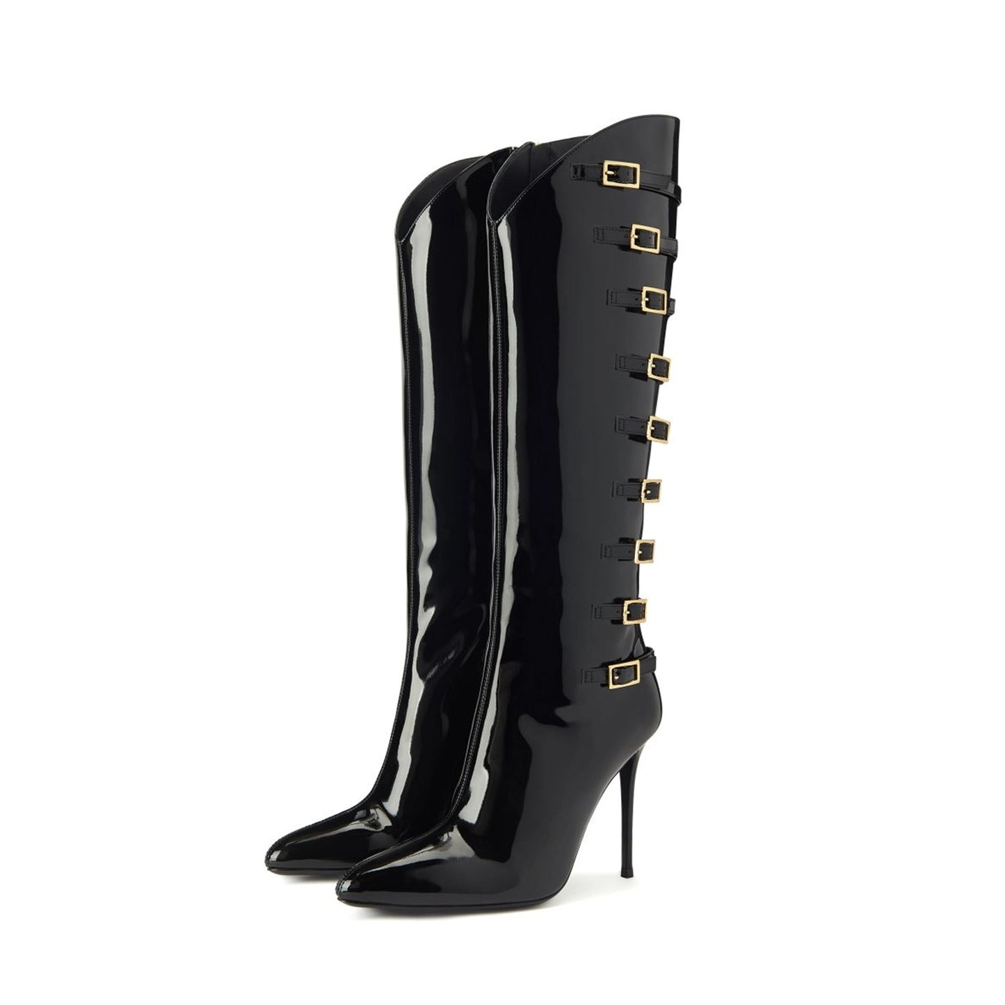 Patent Black Pointed-Toe Back Buckle Straps Full-Zip Knee High Stiletto Boots