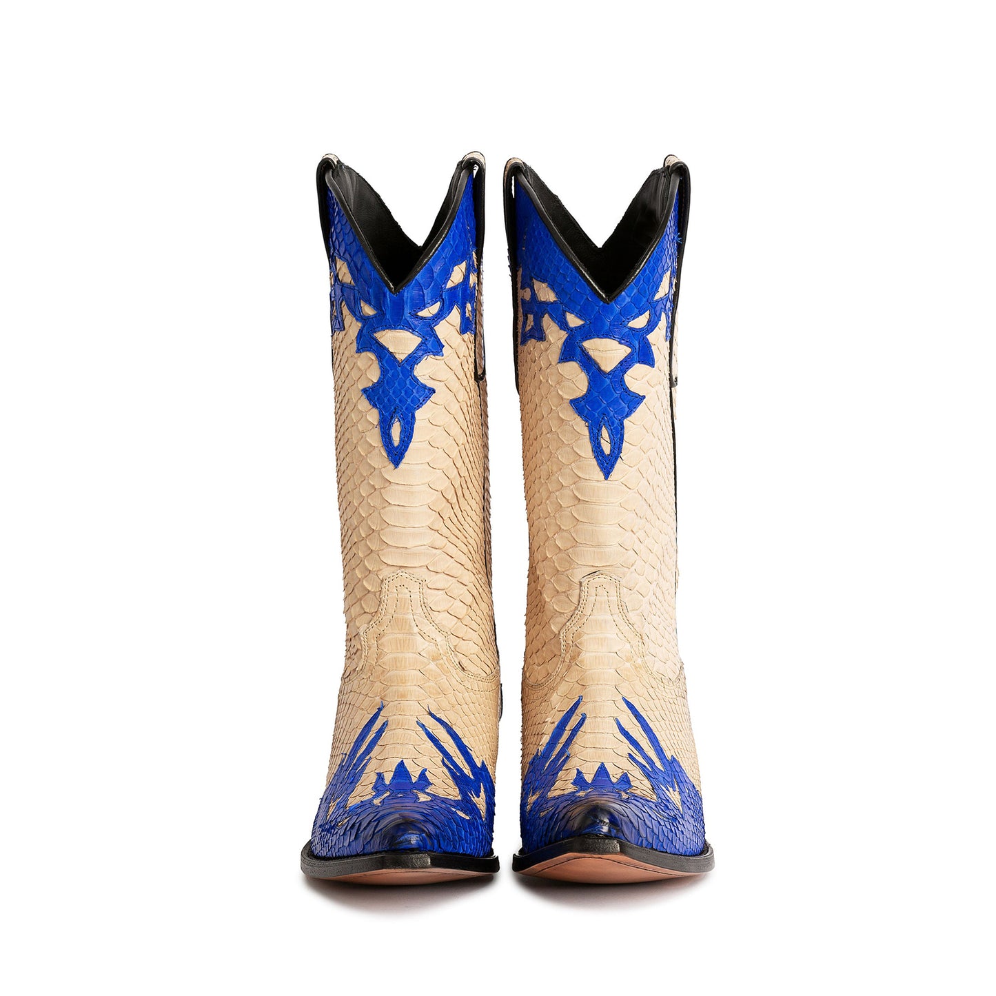 Contrast Cream And Blue Snakeskin Print Vegan Leather Snip-Toe Chic Mid Calf Cowgirl Boots