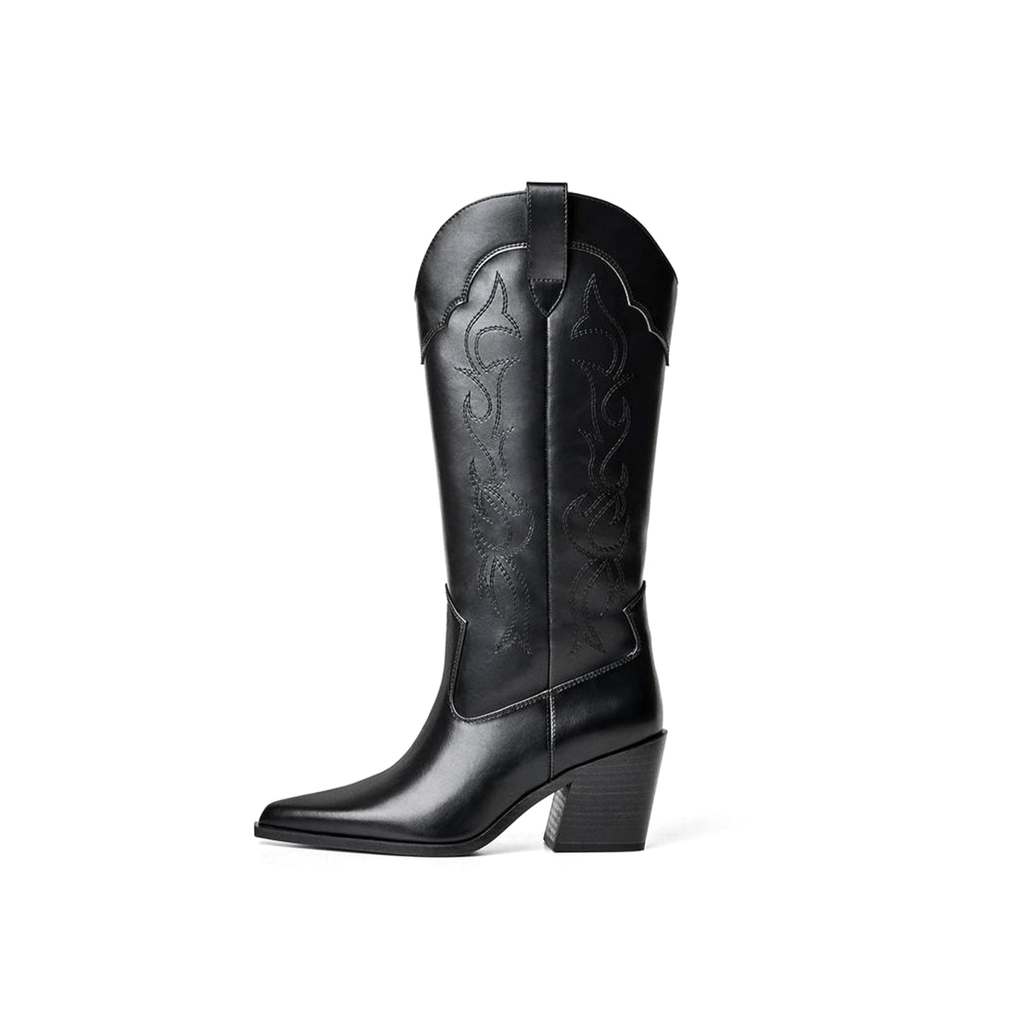 Black Pointed-Toe Embroidery Mid Calf Cowgirl Boots