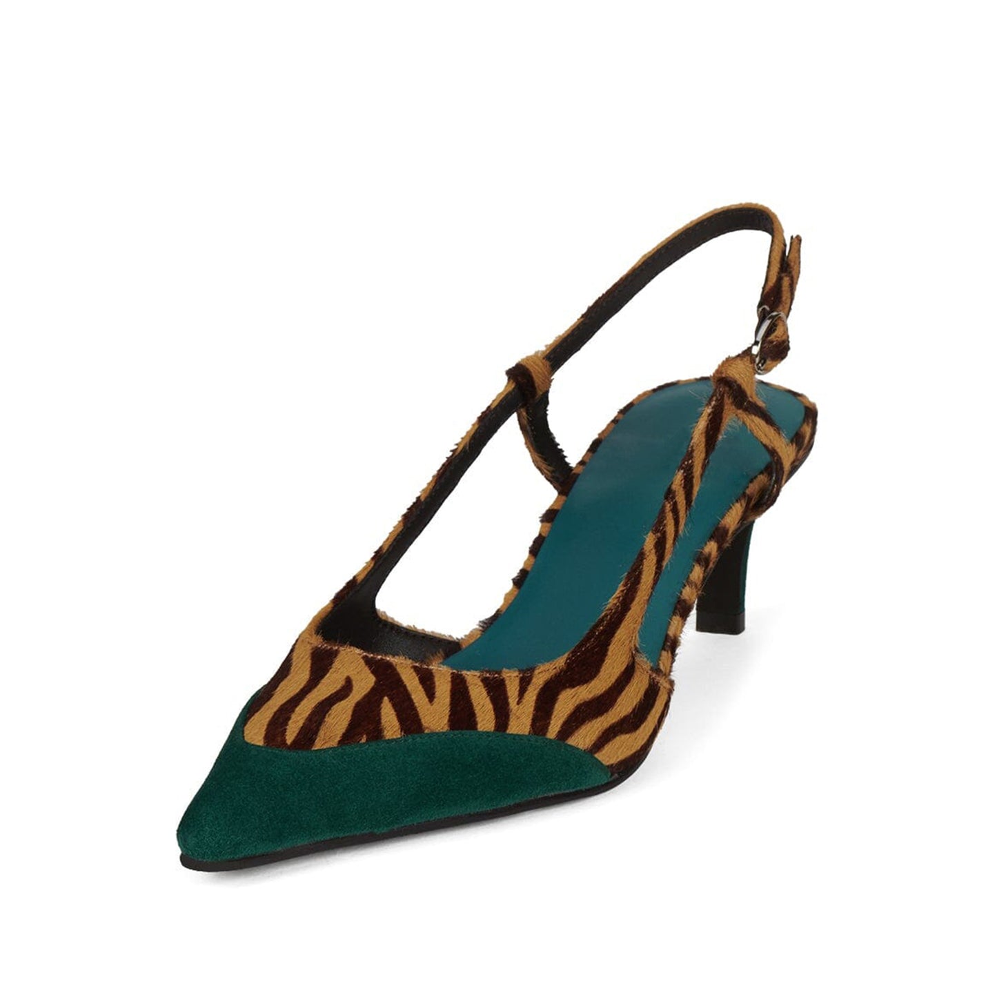 Zebra Pattern And Turquoise Pointed-Toe Slingback Chic Kitten Heels