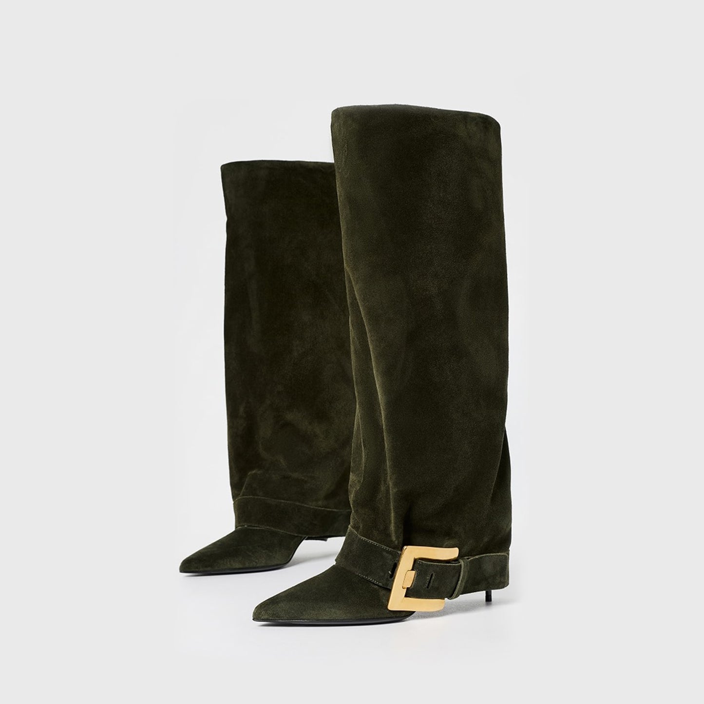 Khaki Faux Suede Pointed-Toe Bottom Buckle Fold-Over Wide Calf Knee High Stiletto Boots