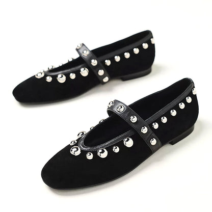 Black Faux Suede Round-Toe Studded Ballet Flats With Bridge Strap