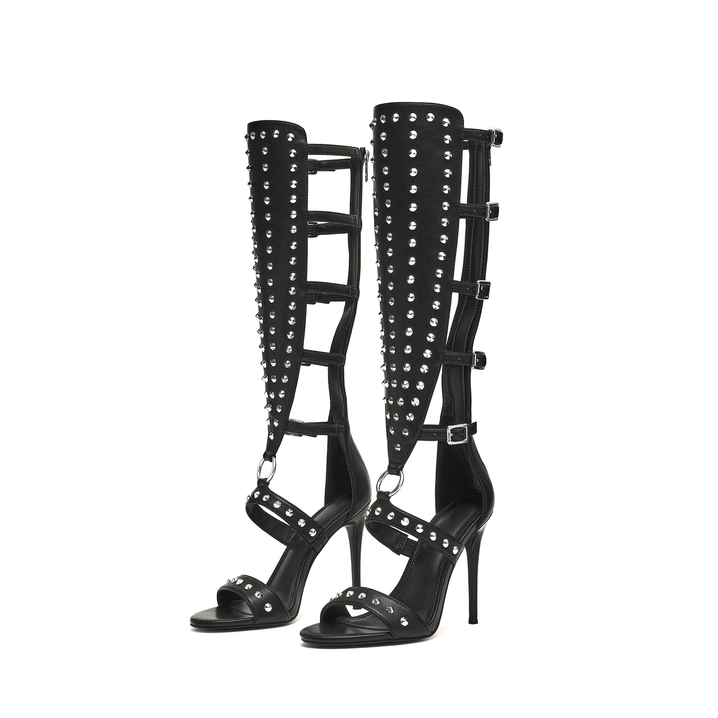 Black Round-Toe Buckle Strappy Full Studs Back Full-Zip Knee High Stiletto Boots
