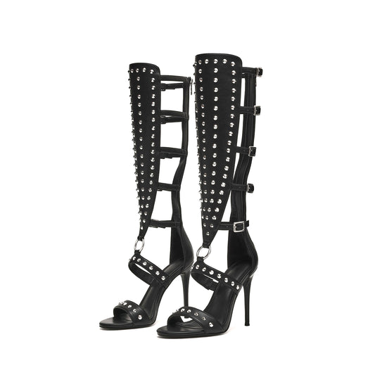 Black Round-Toe Buckle Strappy Full Studs Back Full-Zip Knee High Stiletto Boots