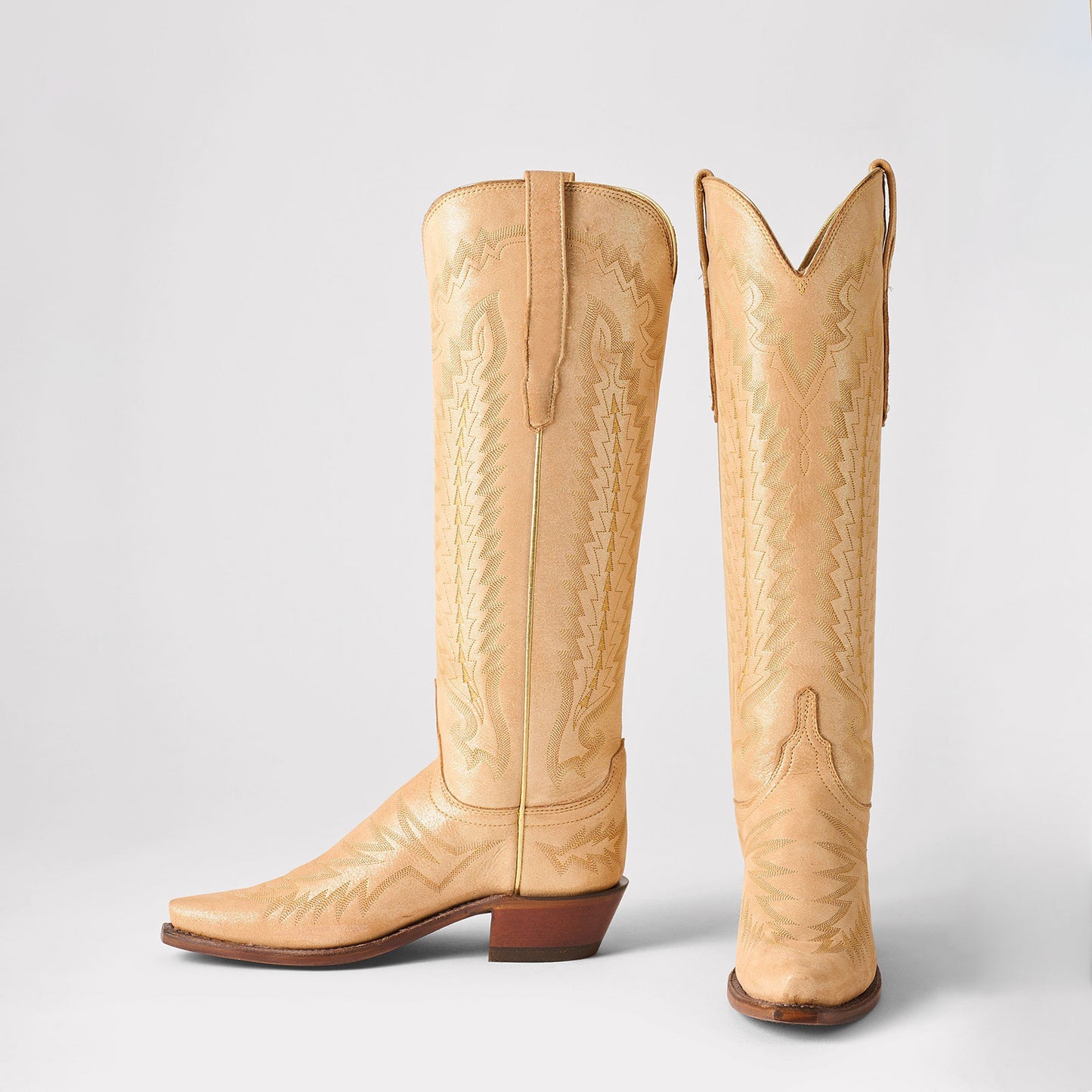 Metallic Champagne Snip-Toe Western Embroidery Wide Calf Chic Knee High Cowgirl Boots