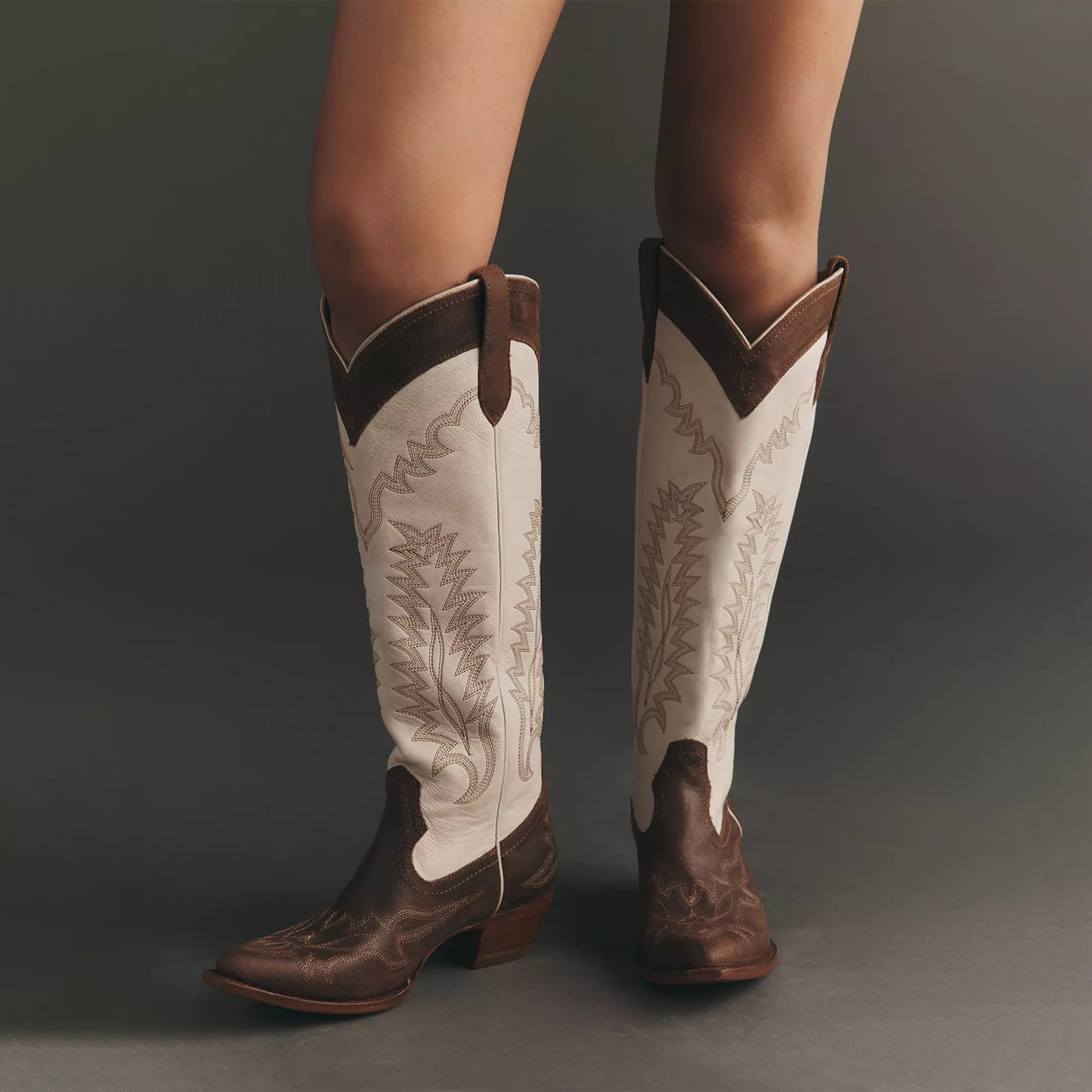 Contrast Ivory And Coffee Snip-Toe Chic Embroidery Wide Calf Knee High Cowgirl Boots