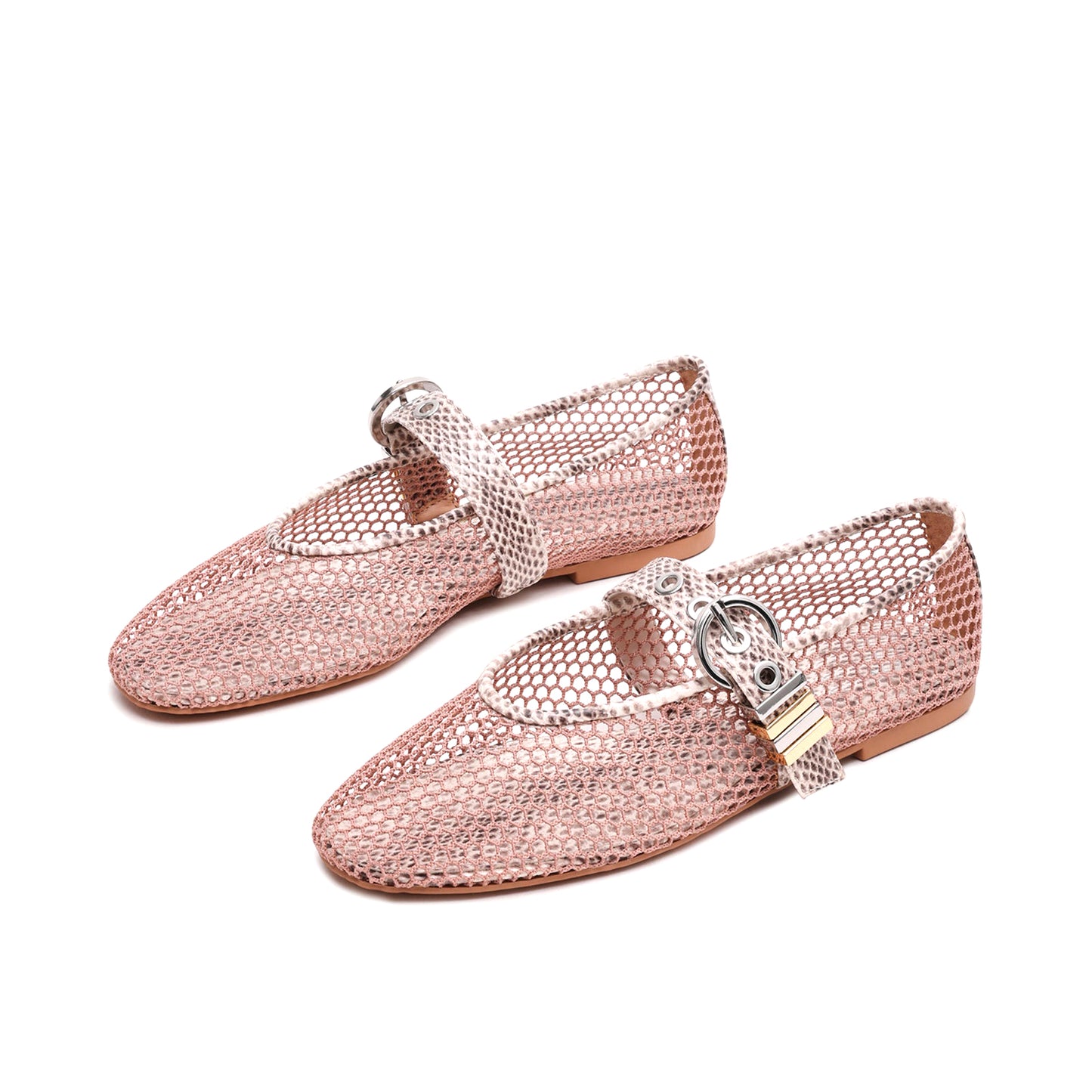 Blush Pink Mesh Round-Toe Snakeskin Print Bridge Strap Ballet Flats