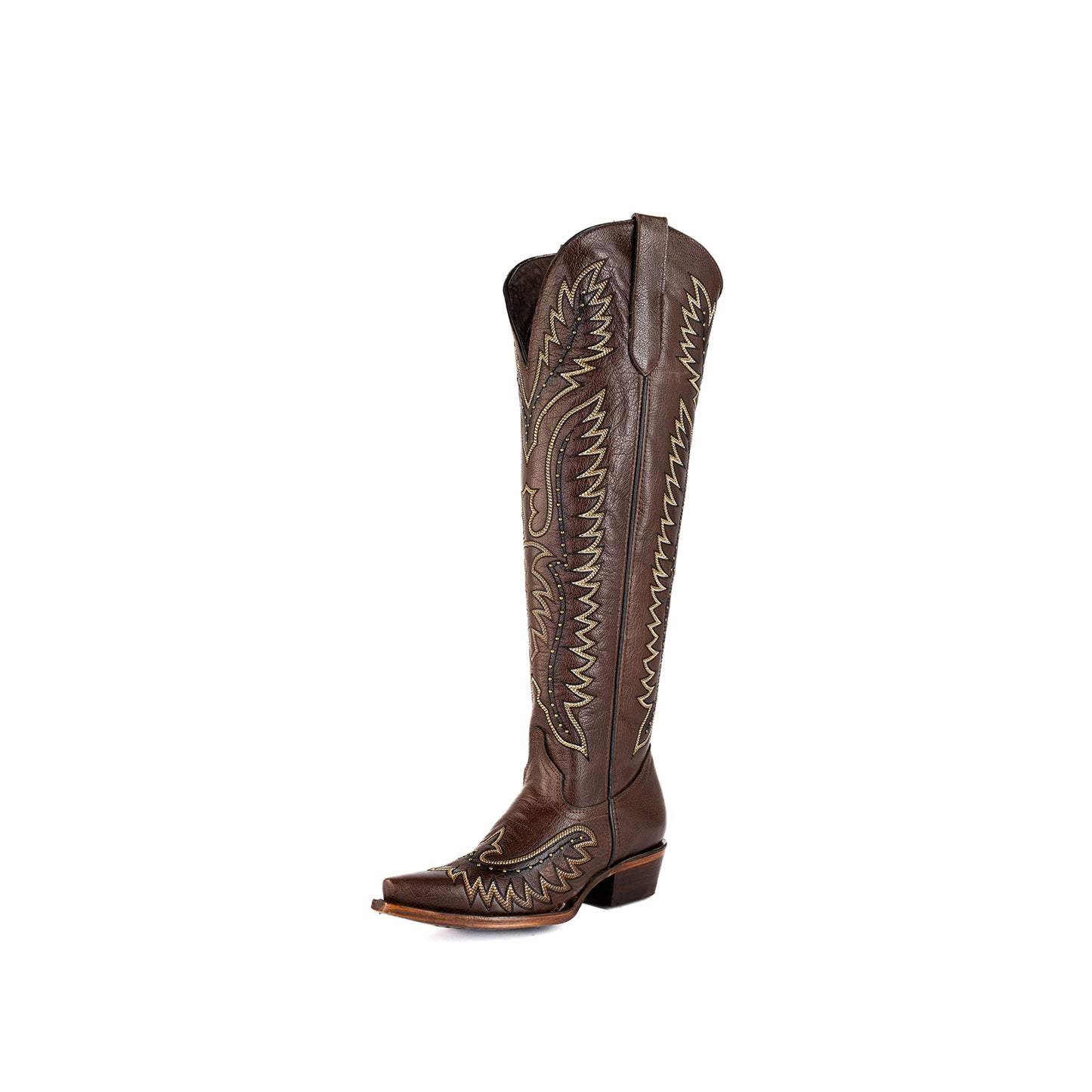 Brown Snip-Toe Wings Embroidery Studded Half-Zip Knee High Cowgirl Boots