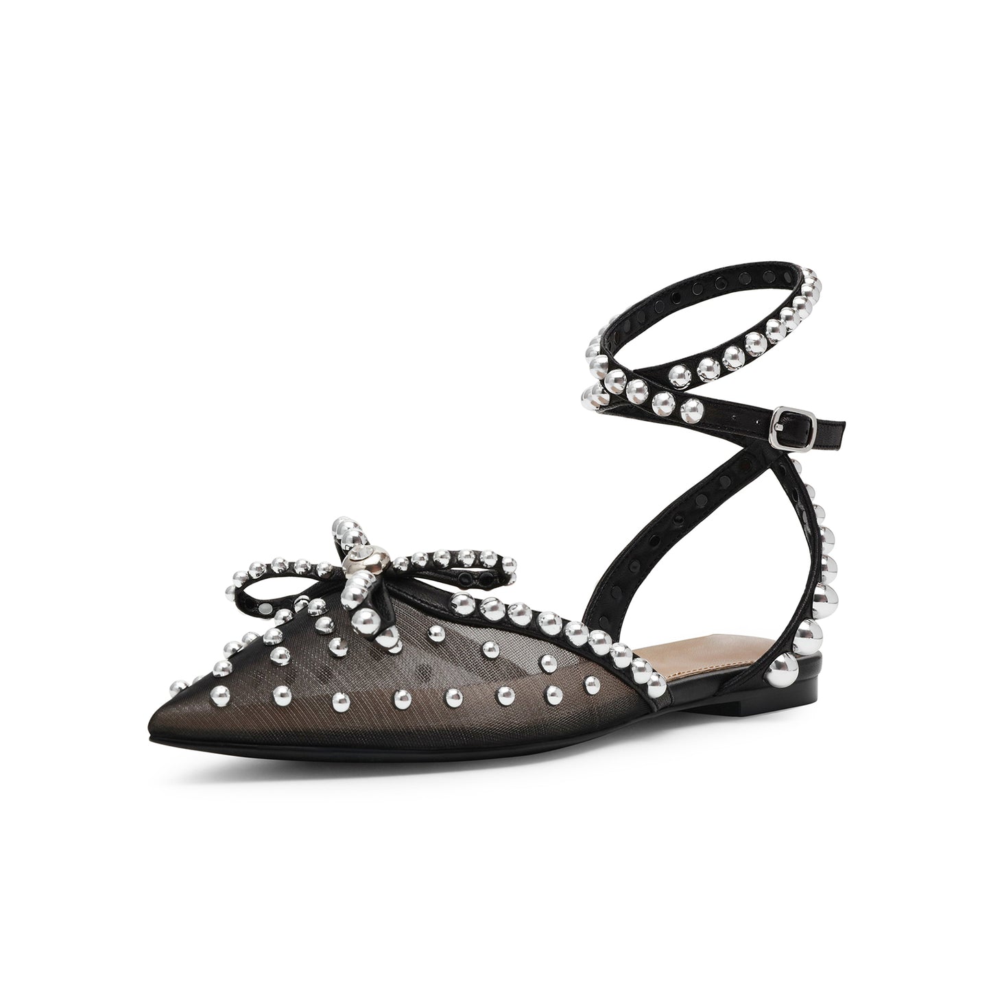Black Mesh Pointed-Toe Full Studs Front Bow Slingback Ankle Strap Flats