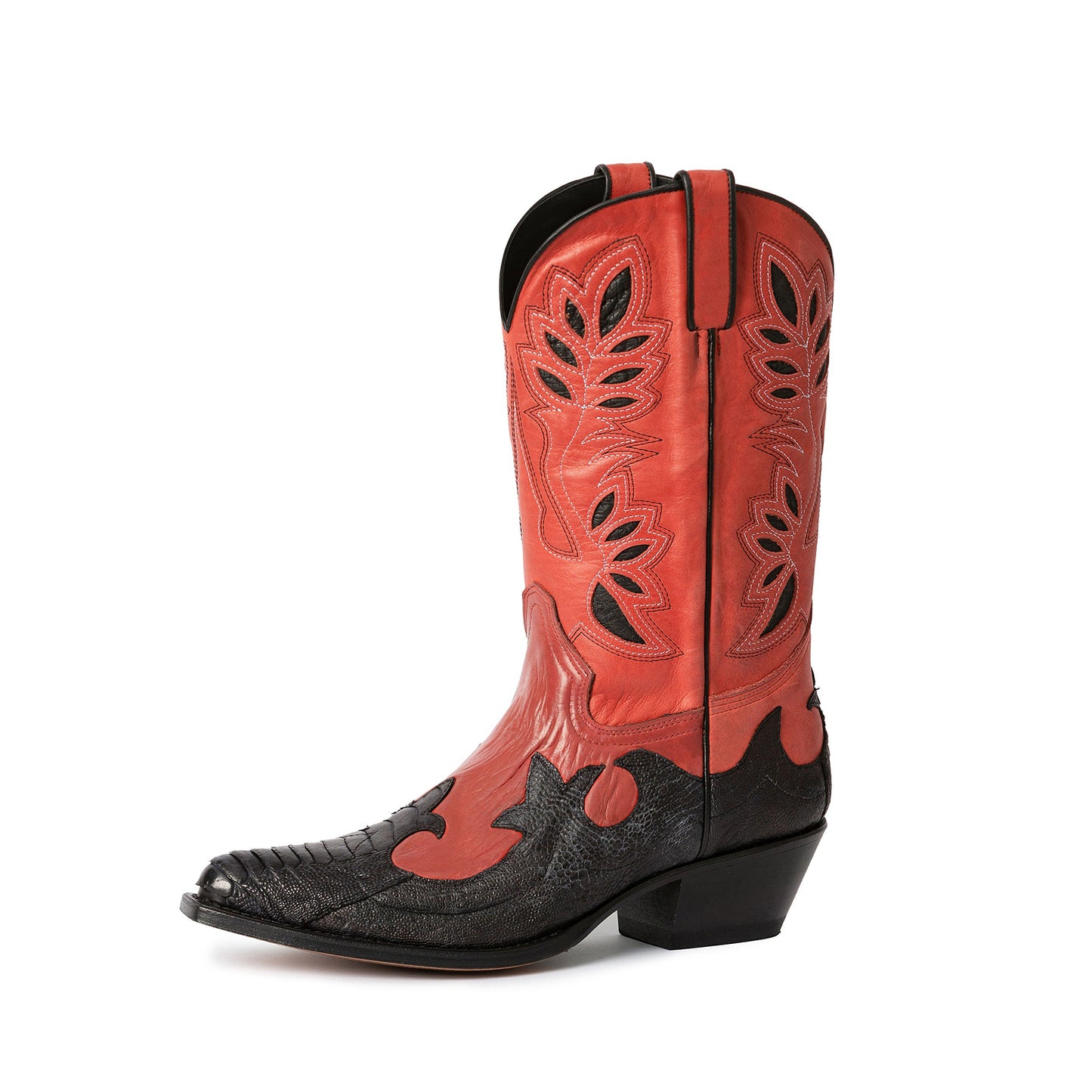 Contrast Red And Black Snakeskin Print Snip-Toe Inlays Mid Calf Cowgirl Boots