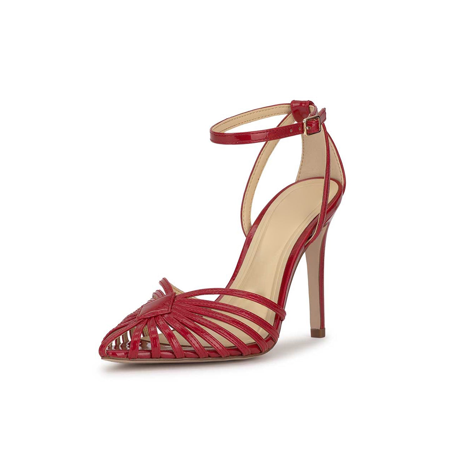 Patent Red Pointed-Toe Front Strappy Ankle Strap Pumps High Heels