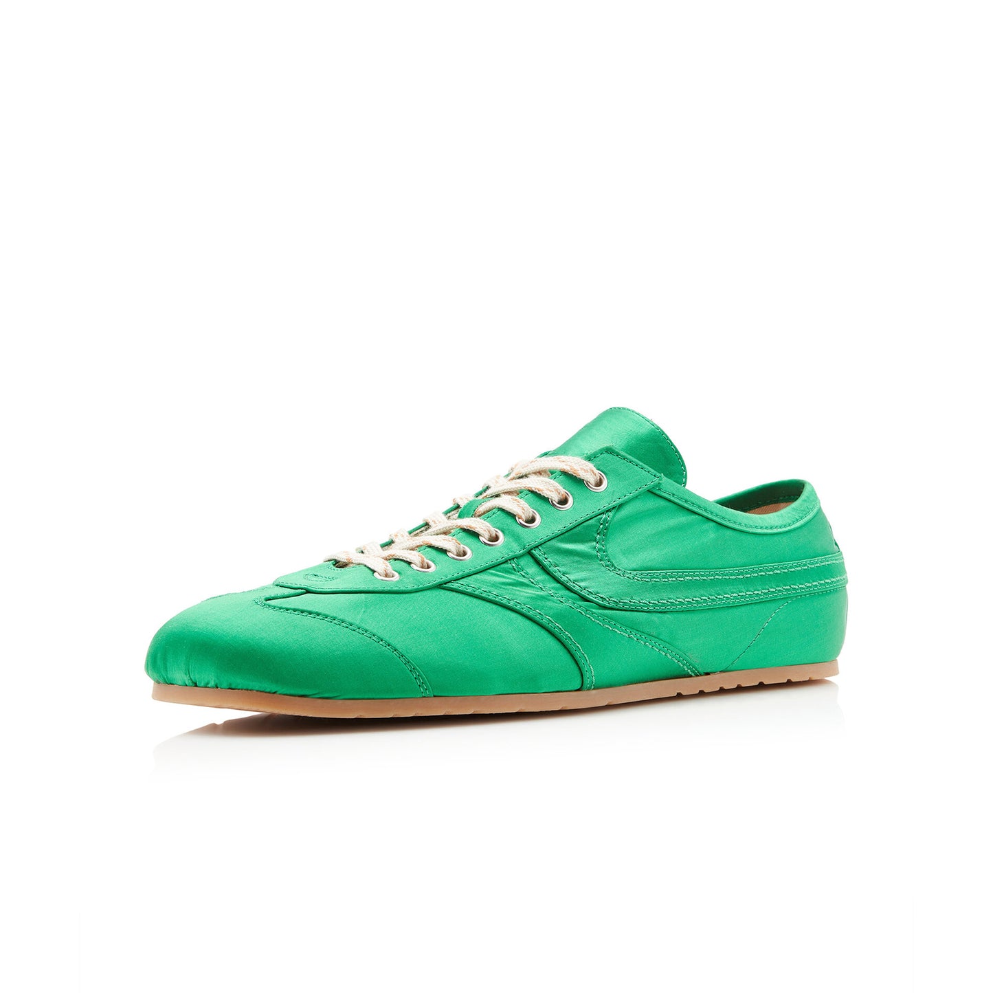 Green Satin Square-Toe Lace-Up Sneakers Flats