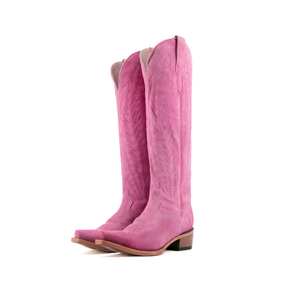 Pink Faux Suede Snip-Toe Embroidery Half-Zip Knee High Cowgirl Boots