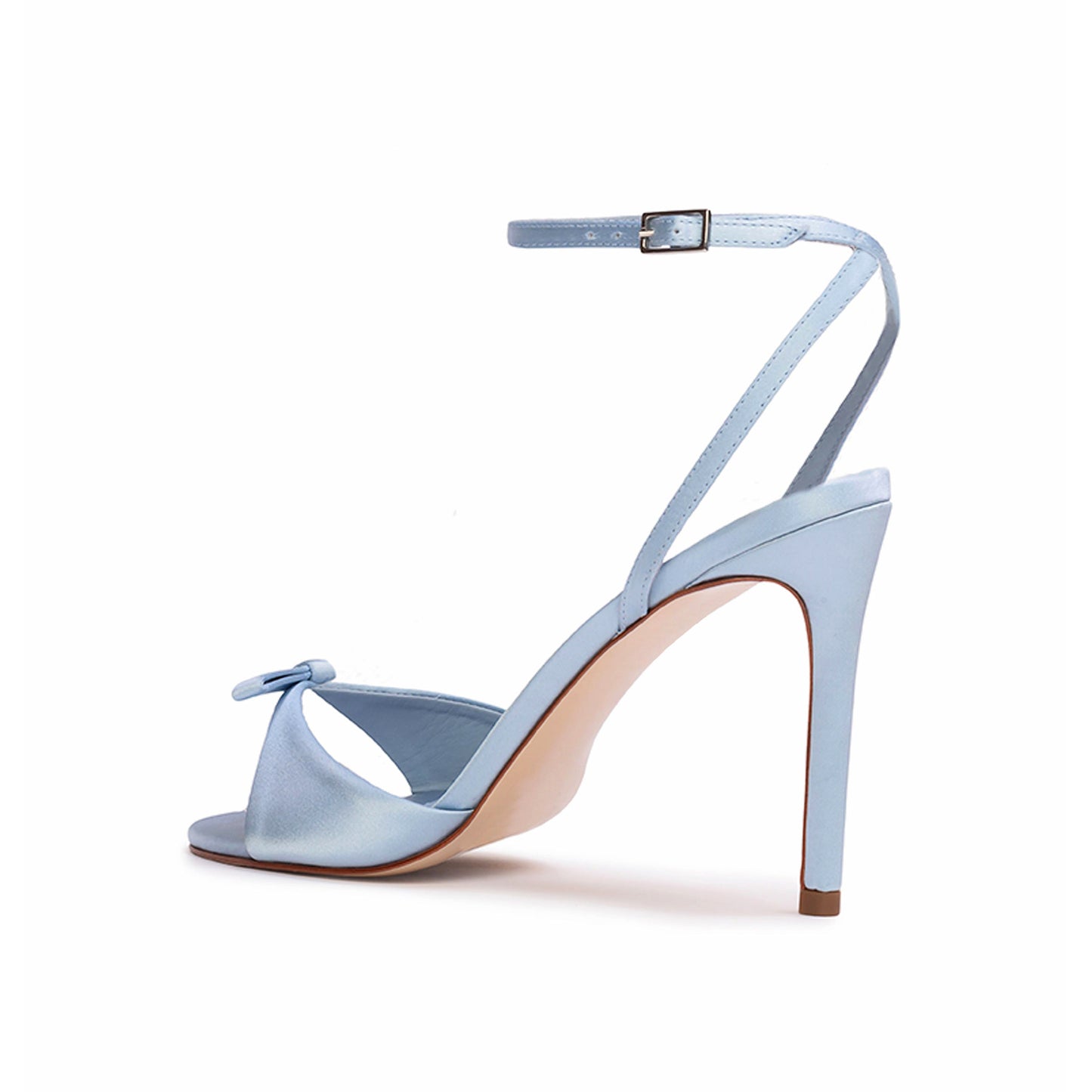 Blue Satin Round-Toe Front Bow Ankle Strap High Stiletto Heels