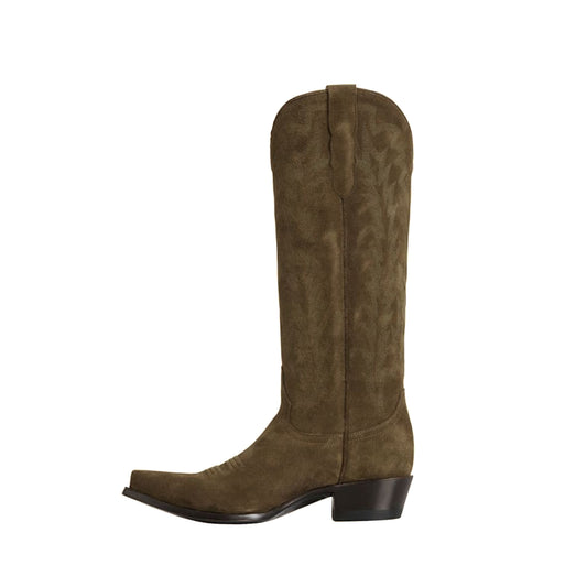 Green Faux Suede Snip-Toe Embroidery Sleek Mid Calf Classic Cowgirl Boots