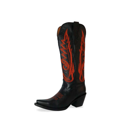 Black Snip-Toe Orange Embroidery Mid Calf Cowgirl Boots