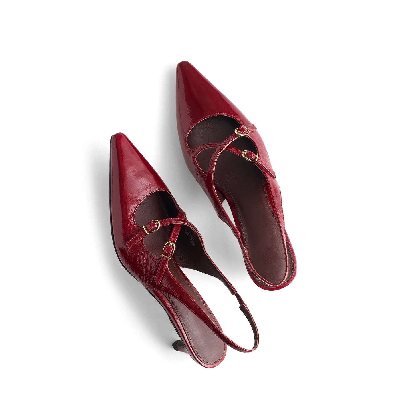 Patent Burgundy Pointed-Toe Cross Straps Slingback Kitten Heels