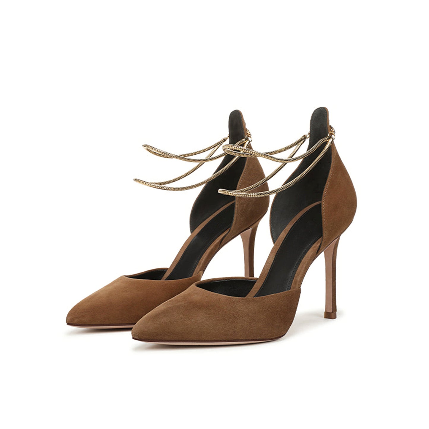 Brown Faux Suede Pointed-Toe Double Gold Ankle Chains High Heels