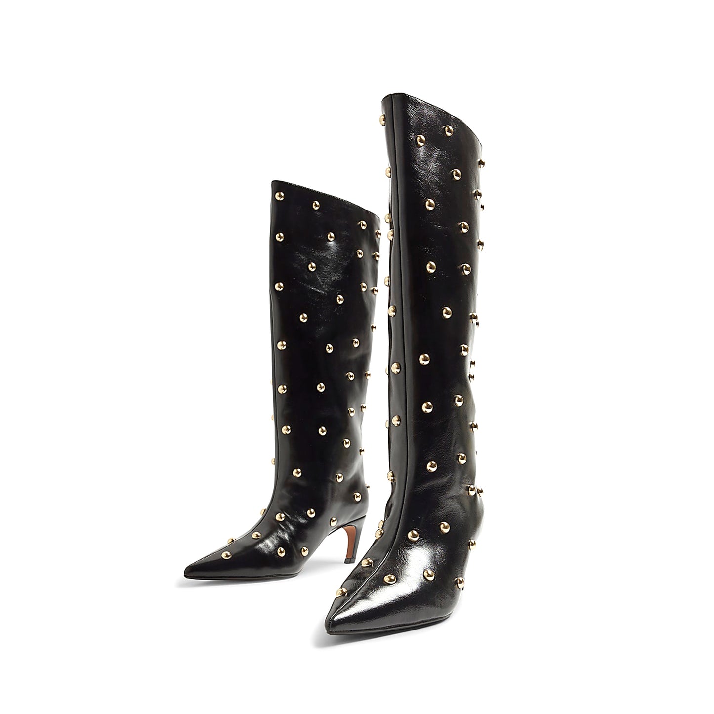 Black Pointed-Toe Studded Wide Calf Knee High Stiletto Boots