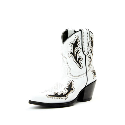 White Almond-Toe Black Inlay Studded Ankle Cowgirl Boots