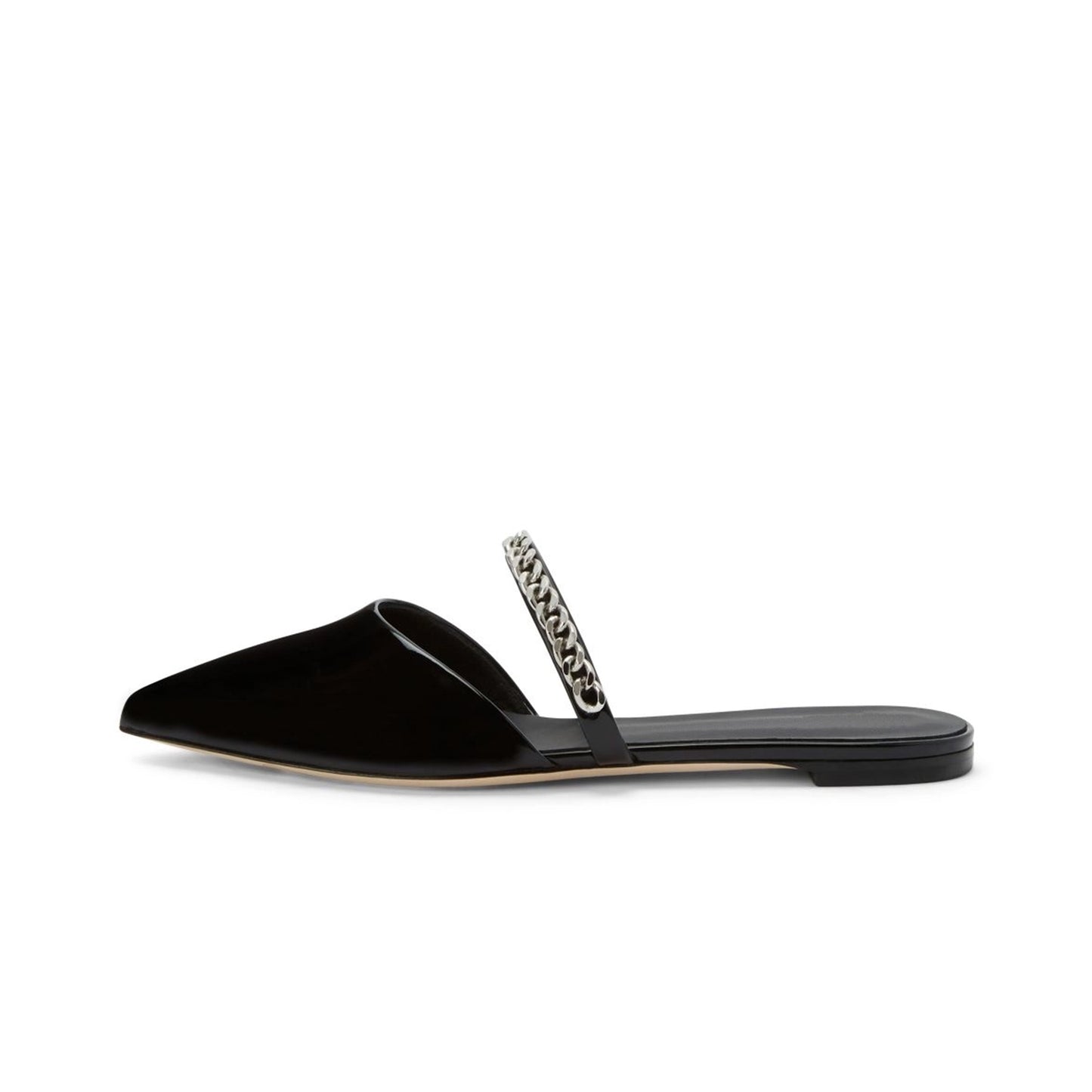 Patent Black Pointed-Toe Bridge Strap With Silver Chain Backless Flats
