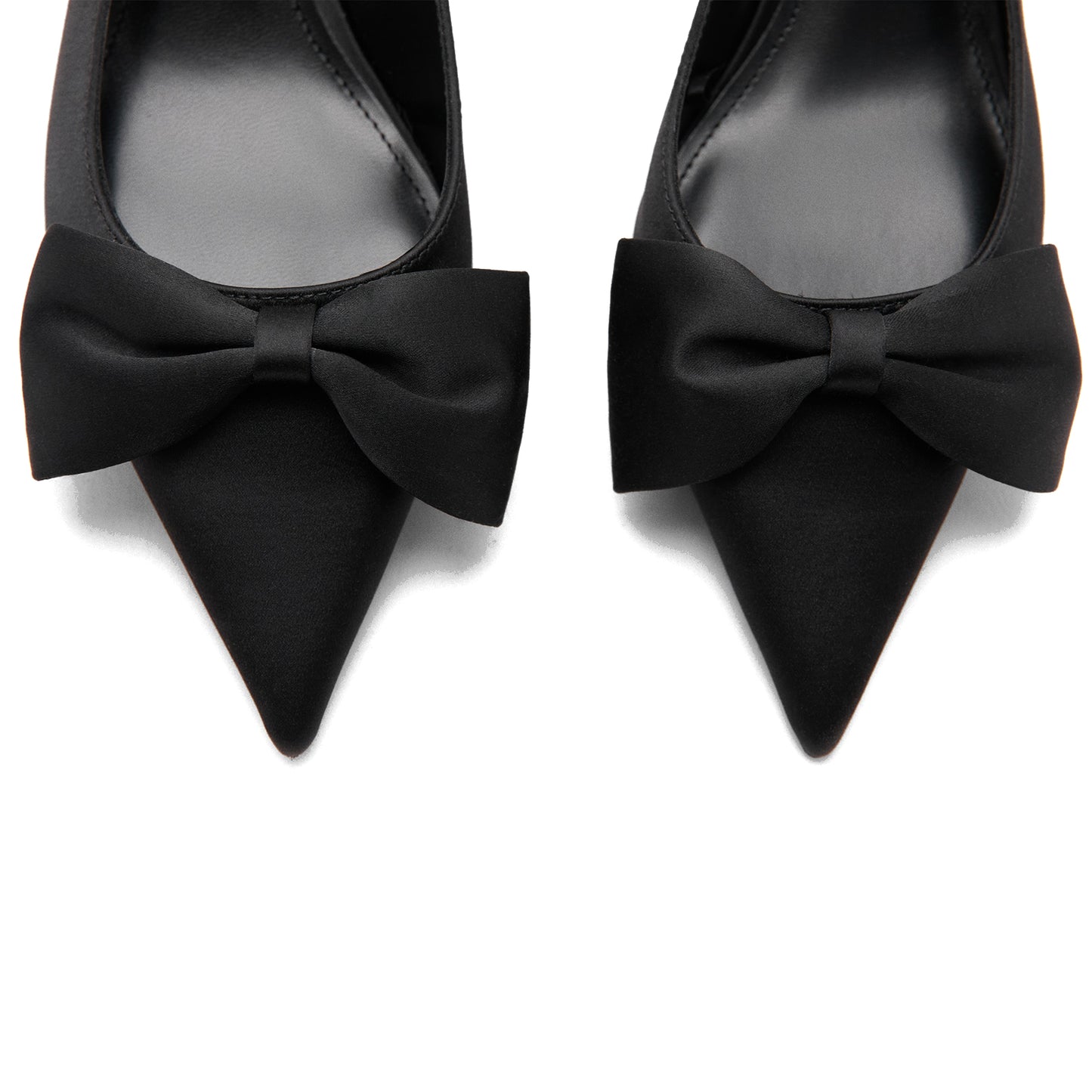 Black Satin Pointed-Toe Front Big Bow Buckle Slingback Kitten Heels