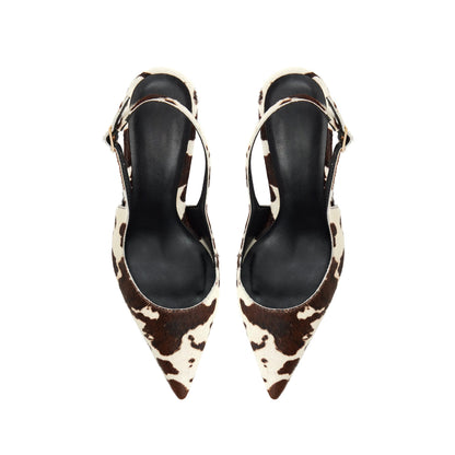 Cow Print Pony Hair Pointed-Toe Slingback Kitten Heels