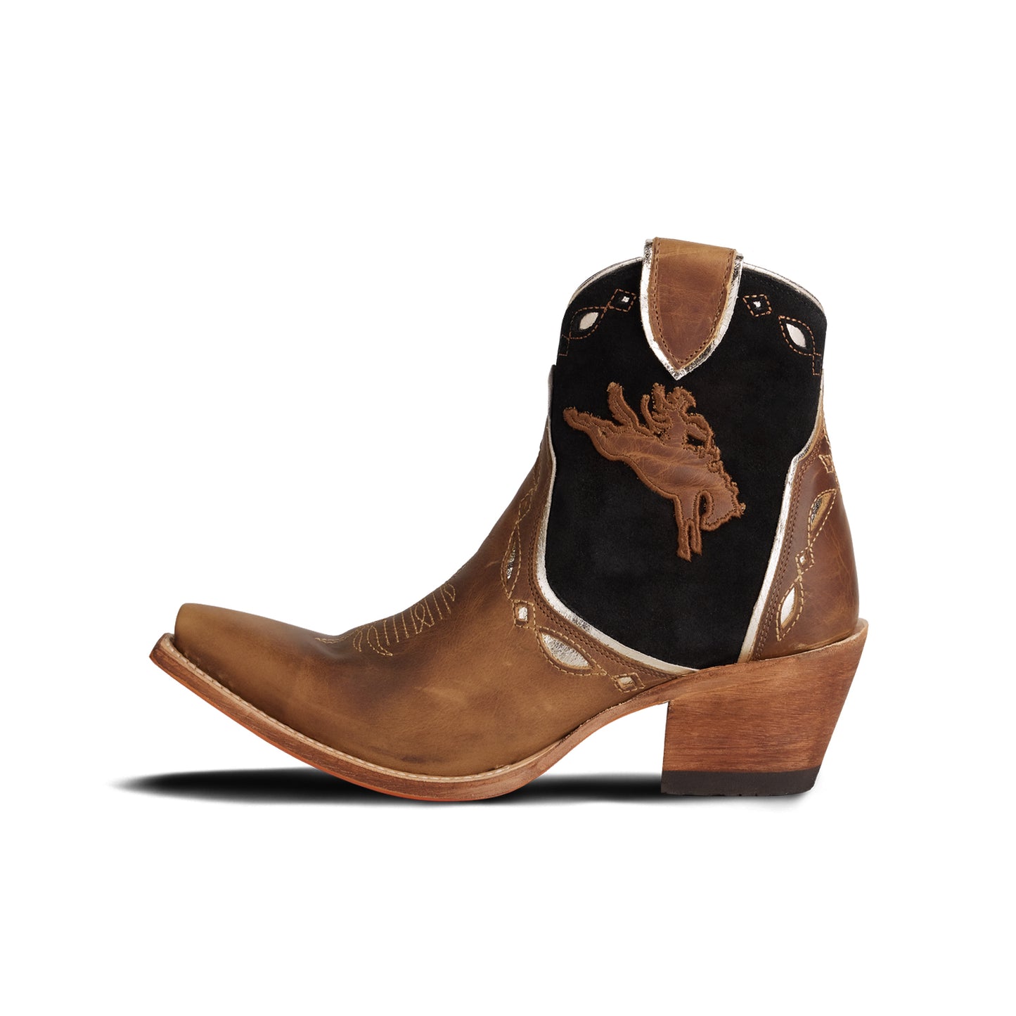 Contrast Brown And Black Faux Suede Snip-Toe Horse Embroidery Full-Zip Ankle Cowgirl Boots