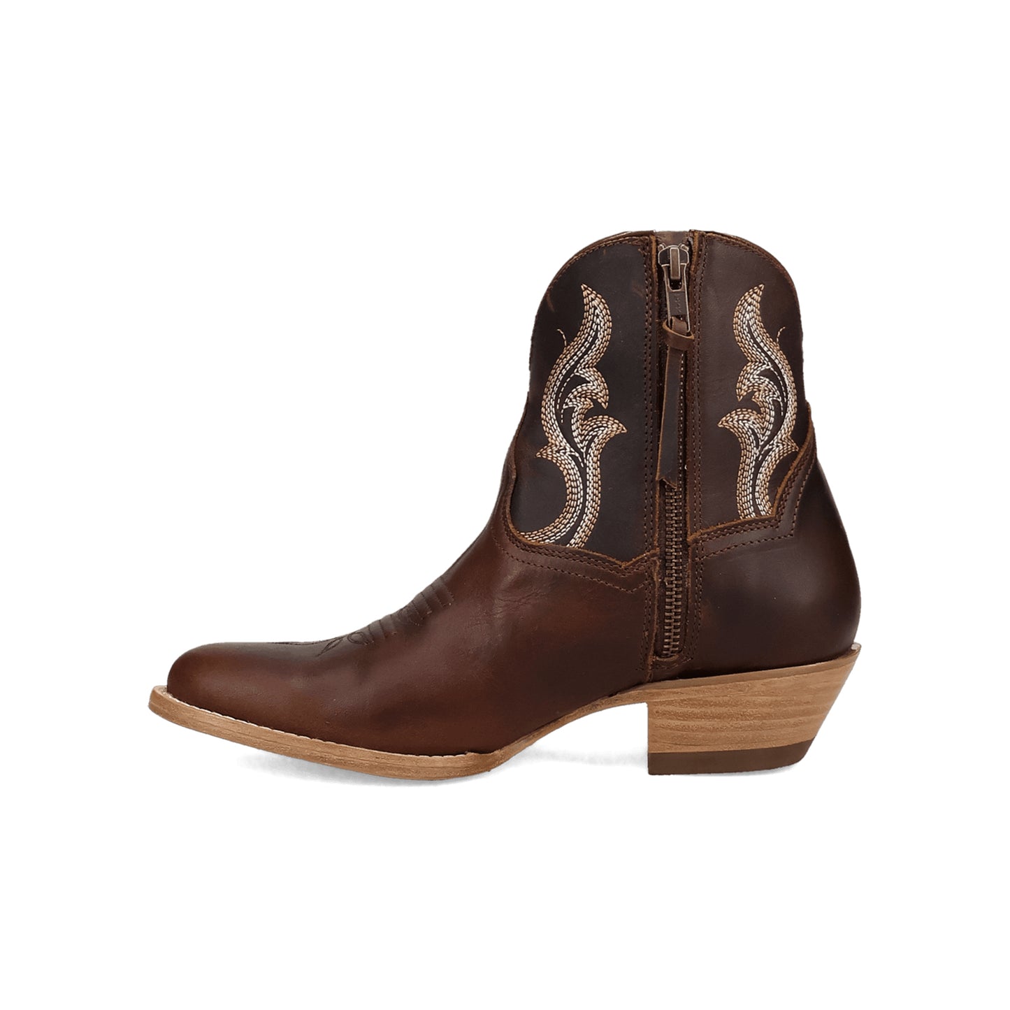 Dark Tan Round-Toe Grace Embroidery Full-Zip Ankle Cowgirl Boots