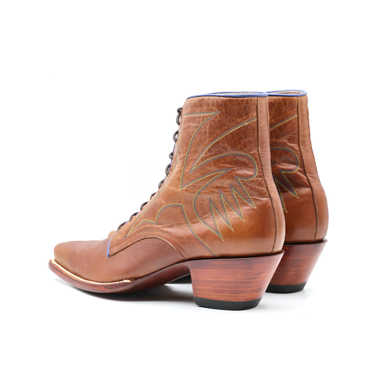Brown Snip-Toe Embroidery Front Lace-Up Ankle Cowgirl Boots