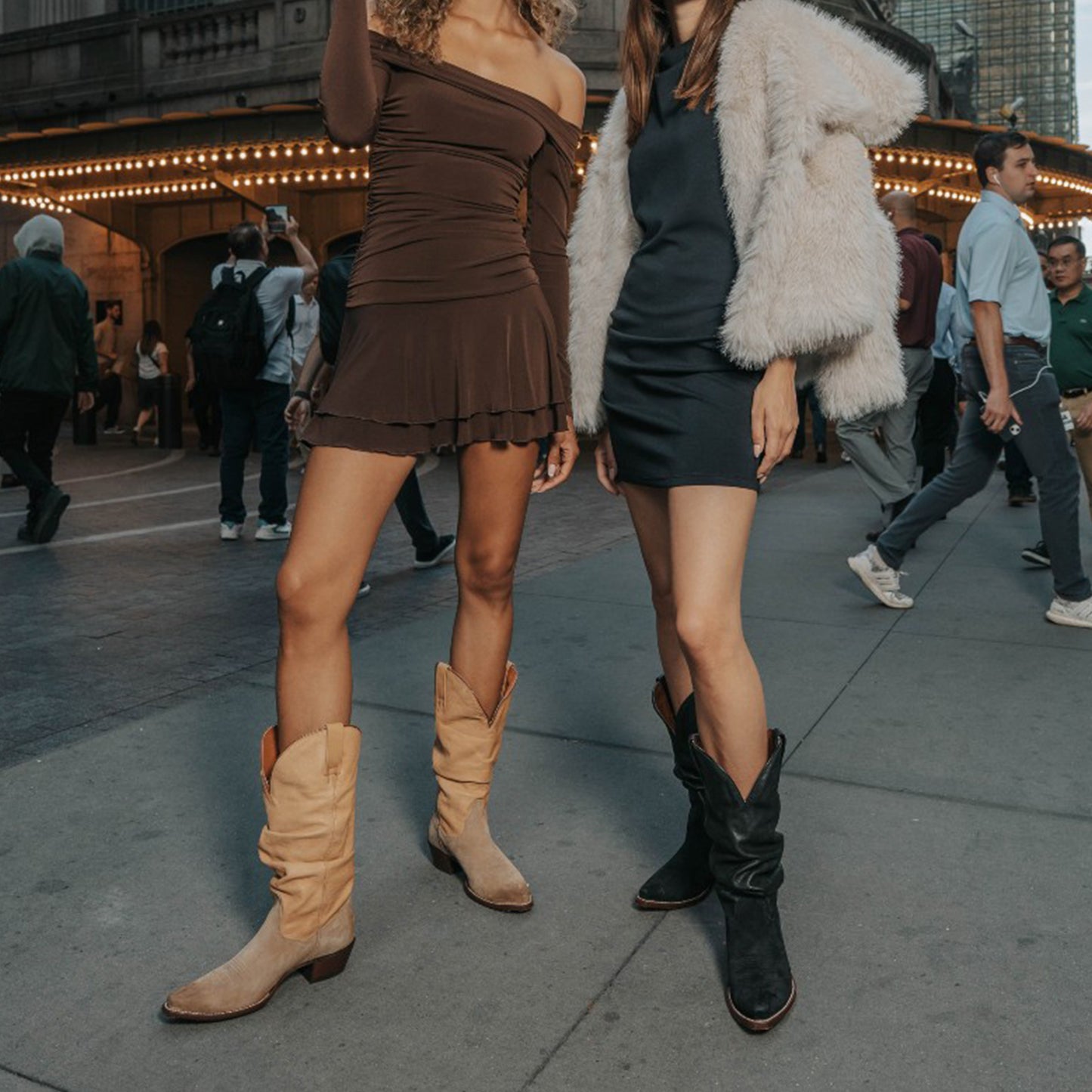 Black Contrast Vegan Leather And Faux Suede Snip-Toe Slouch Chic Mid Calf Cowgirl Boots