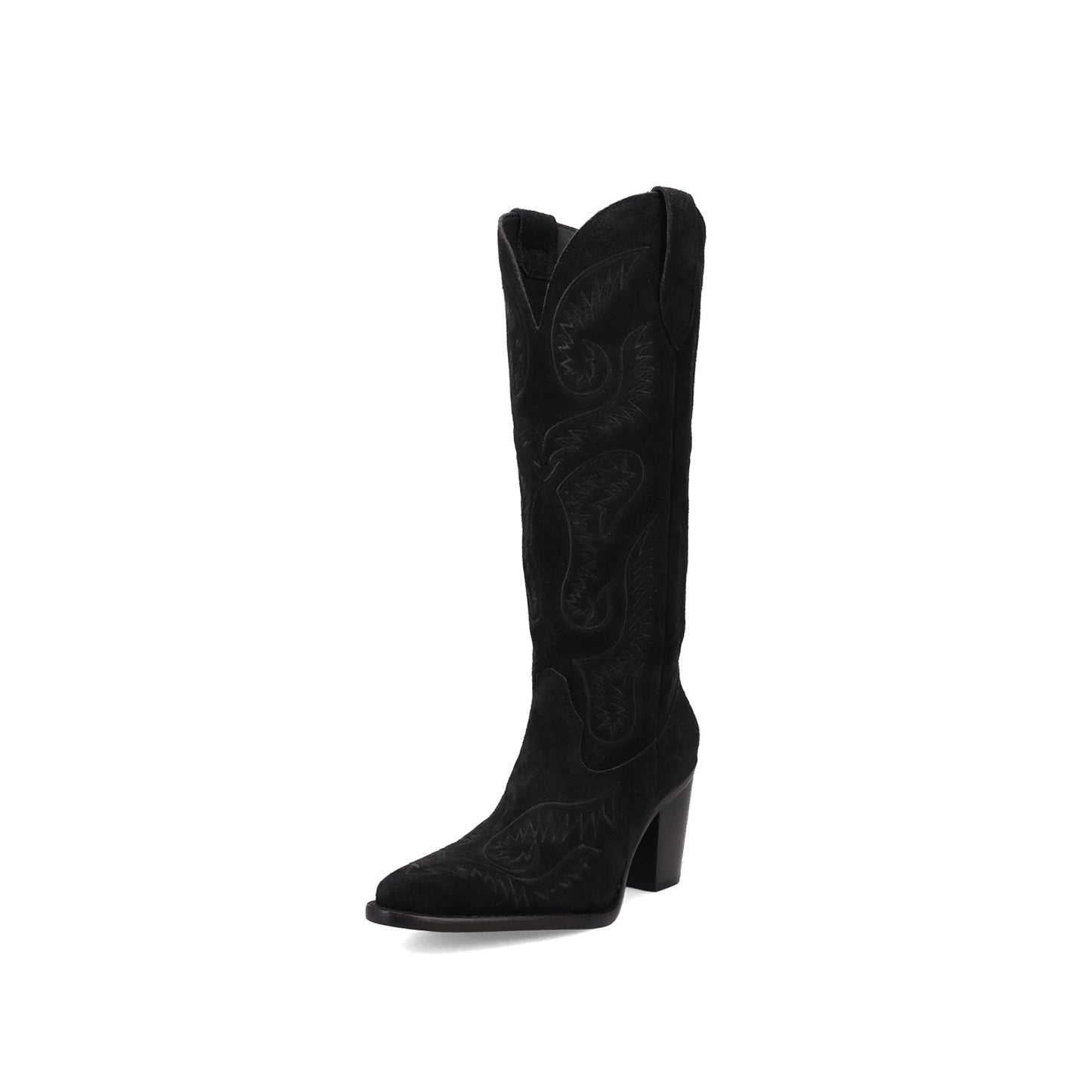 Black Faux Suede Snip-Toe Lively Embroidery Wide Calf Knee High Cowgirl Boots