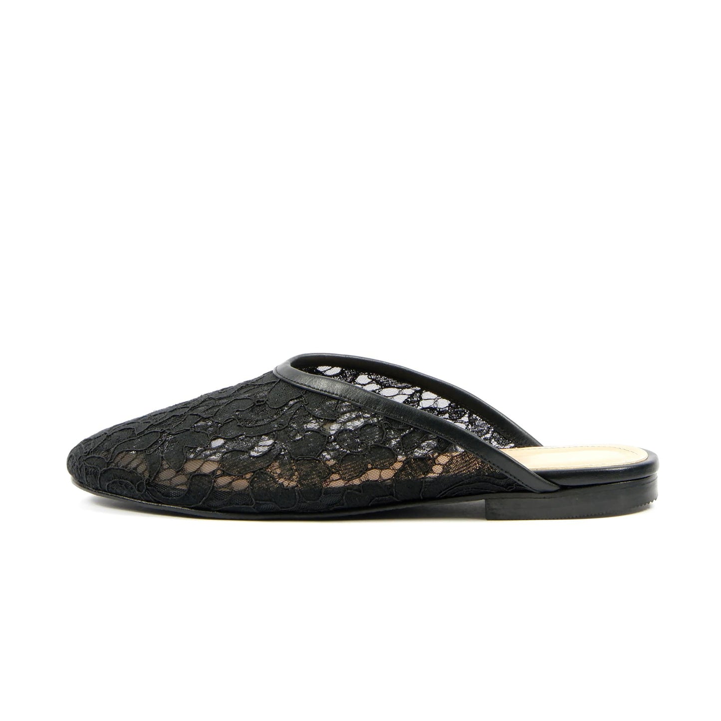 Black Lace Mesh Round-Toe Backless Slip-On Sandals Flats