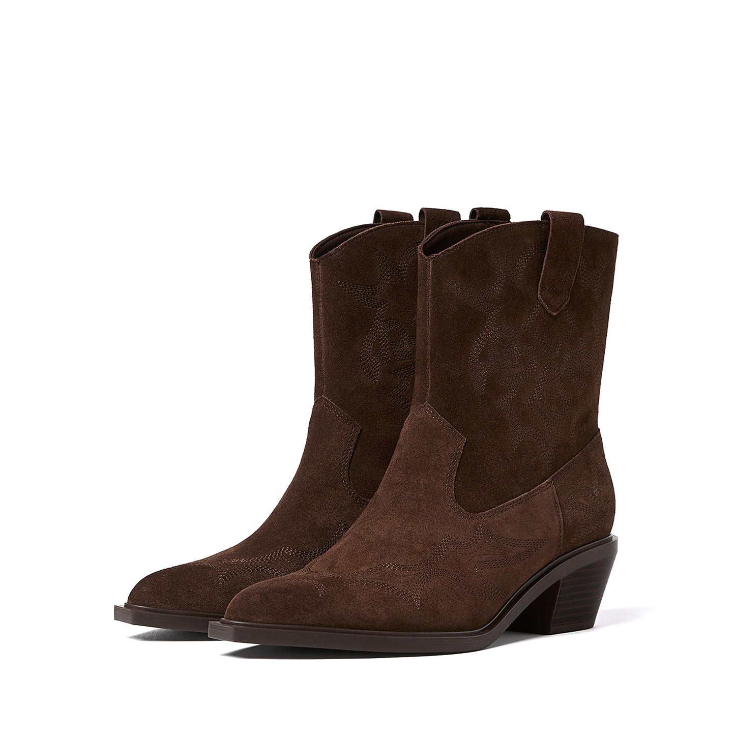 Coffee Faux Suede Almond-Toe Embroidery Detail Full-Zip Ankle Cowgirl Boots