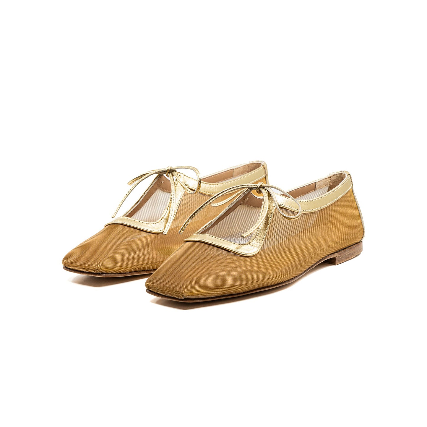 Metallic Gold Mesh Square-Toe Bow-Tied Vamp Strap Flats