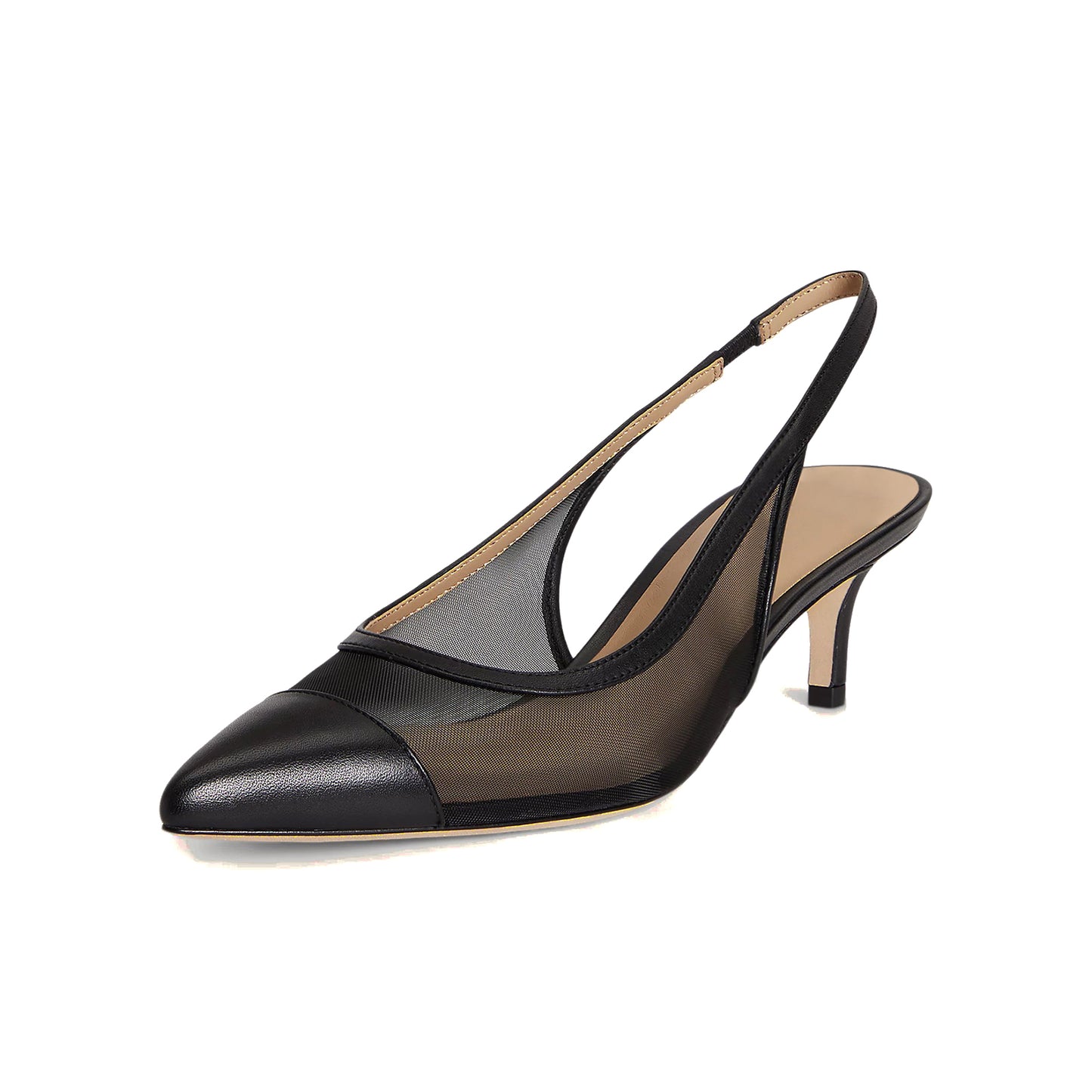Black Mesh And Vegan Leather Pointed-Toe Back Strap Chic Kitten Heels