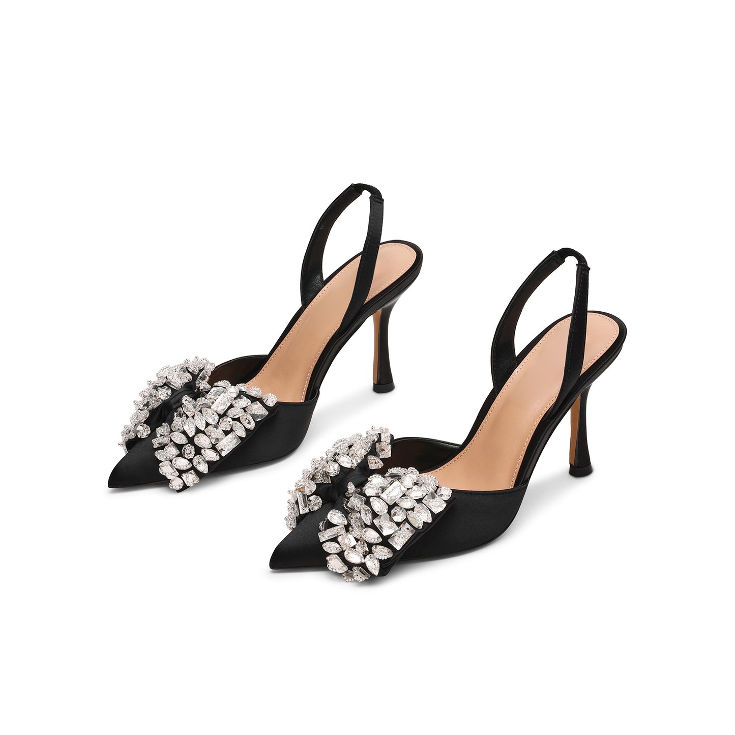 Black Satin Pointed-Toe Crystals Front Bow Slingback High Heels Pumps