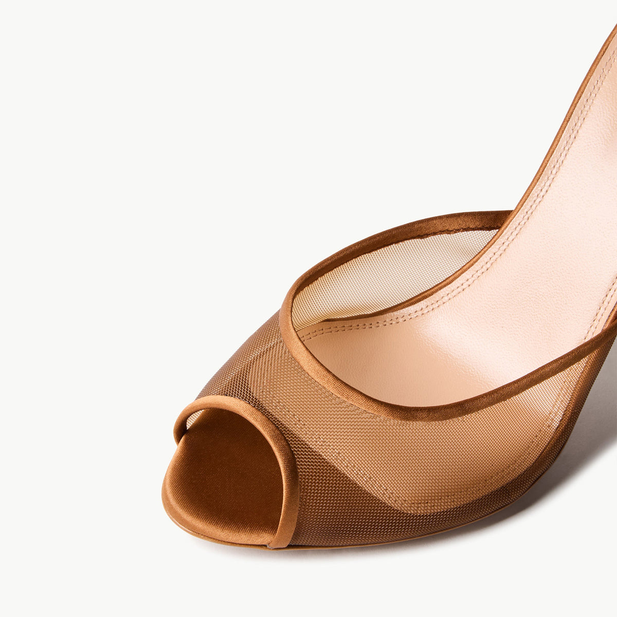 Copper Mesh And Satin Peep Round-Toe Backless Pumps High Heels
