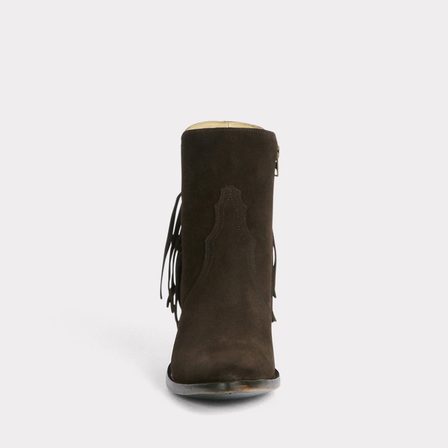 Chocolate Faux Suede Round-Toe Side Fringe Half-Zip Simple Ankle Cowgirl Boots