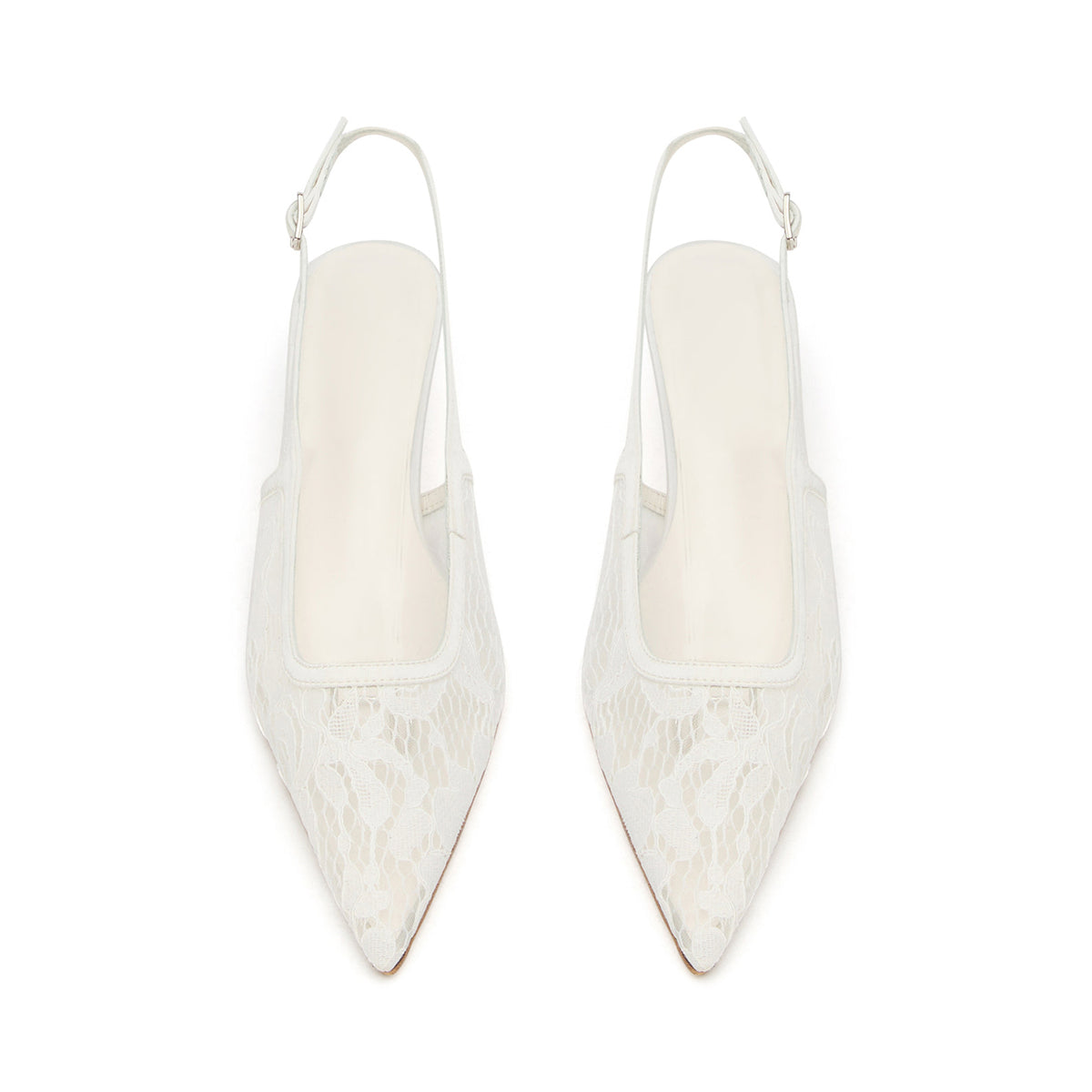 Chic Pointed-Toe Buckle Slingback Kitten Heels - Ivory Lace Mesh And Satin