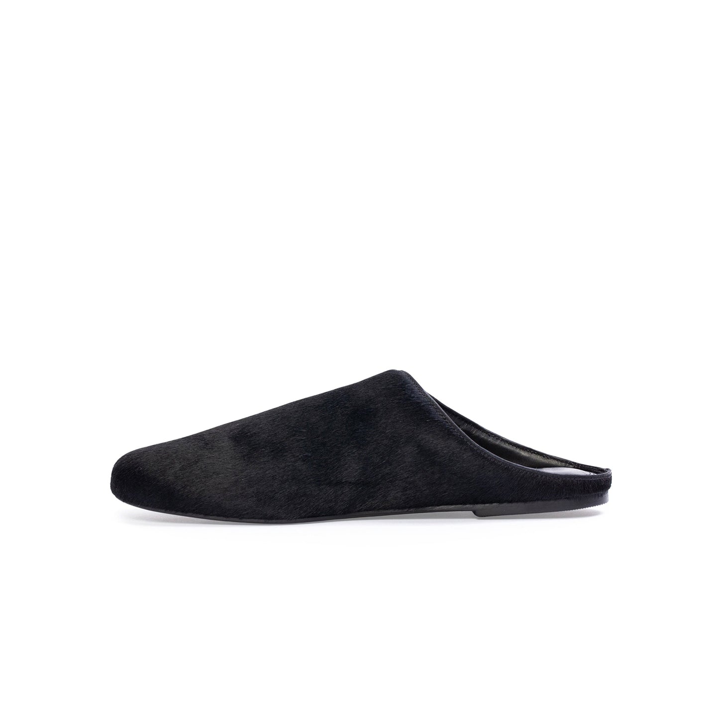 Black Pony Hair Round-Toe Slip-on Backless Ballet Flats
