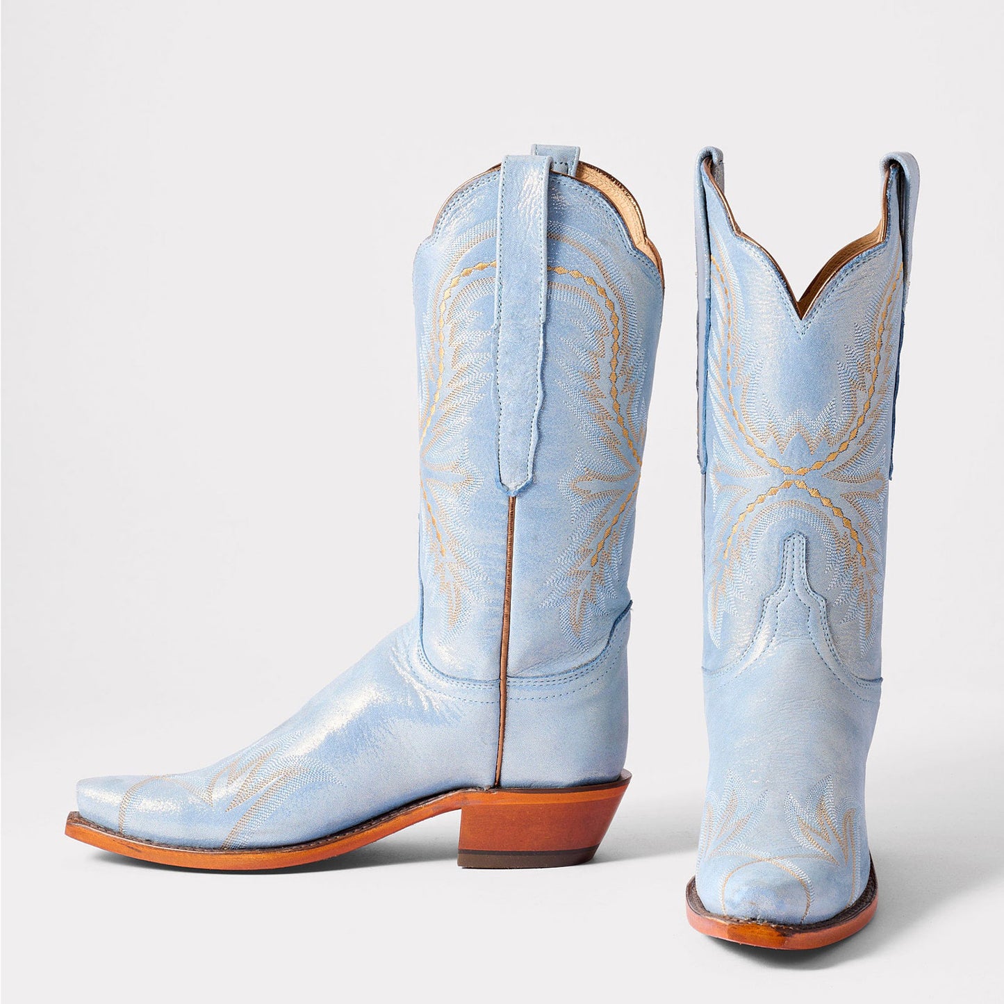 Metallic Blue Snip-Toe Western Embroidery Mid Calf Chic Cowgirl Boots