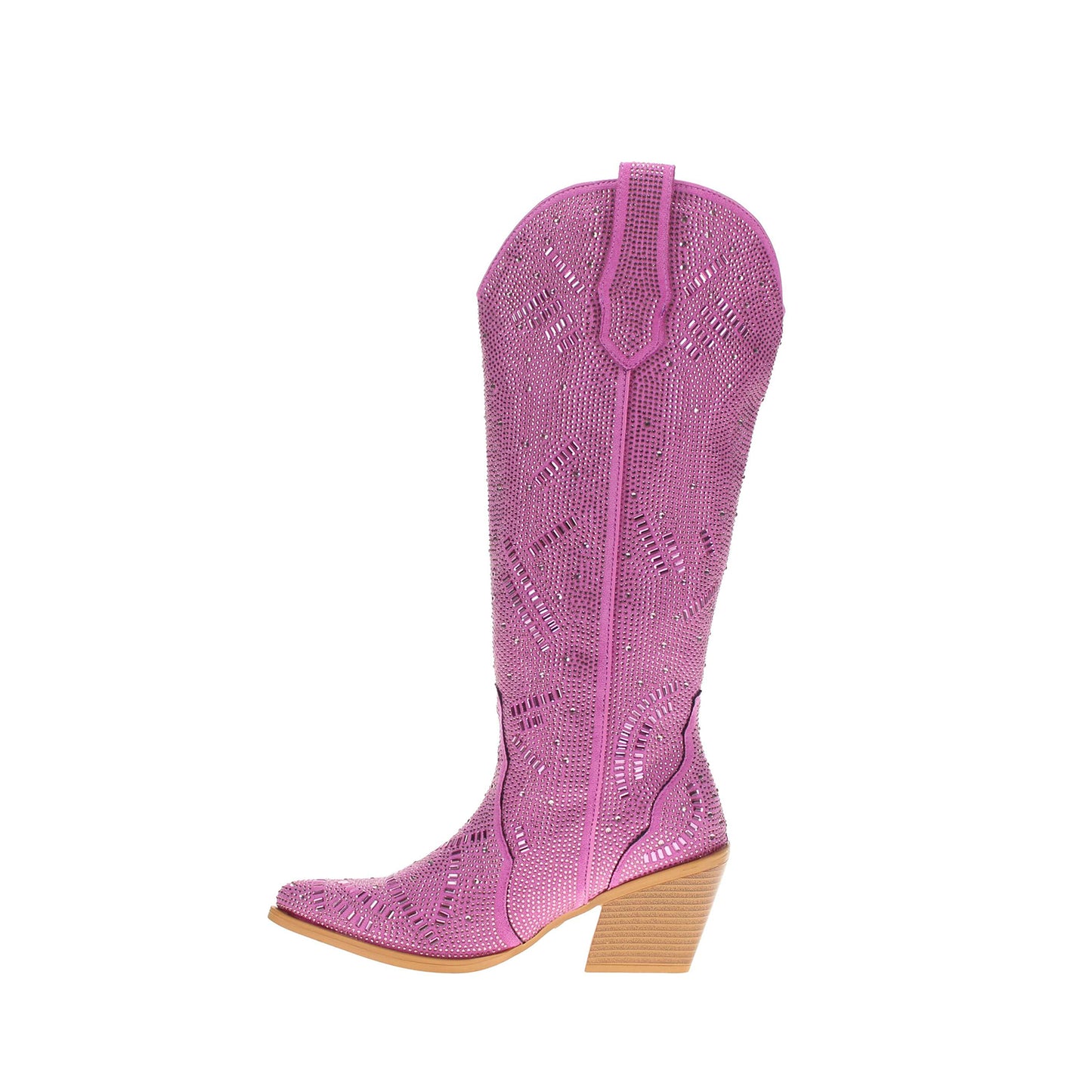 Purple Faux Suede Pointed-Toe Full Crystals Wide Calf Knee High Cowgirl Boots