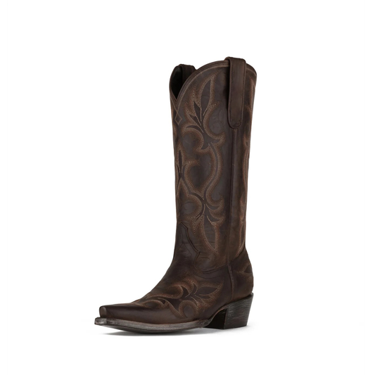 Distressed Chocolate Snip-Toe Western Embroidery Classic Mid Calf Cowgirl Boots